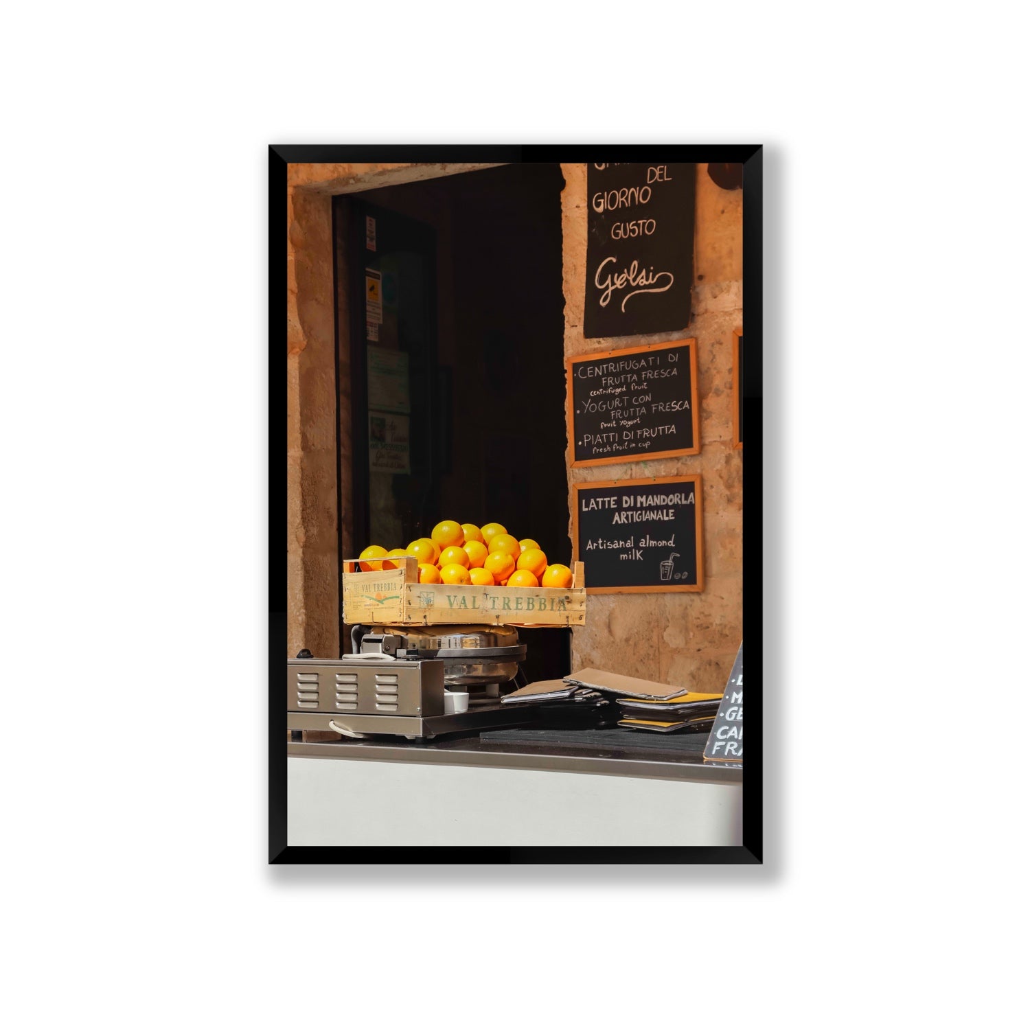 Luminous Citrus Puglia Ostuni Italian wall art Giant full-bleed fine art print in black frame