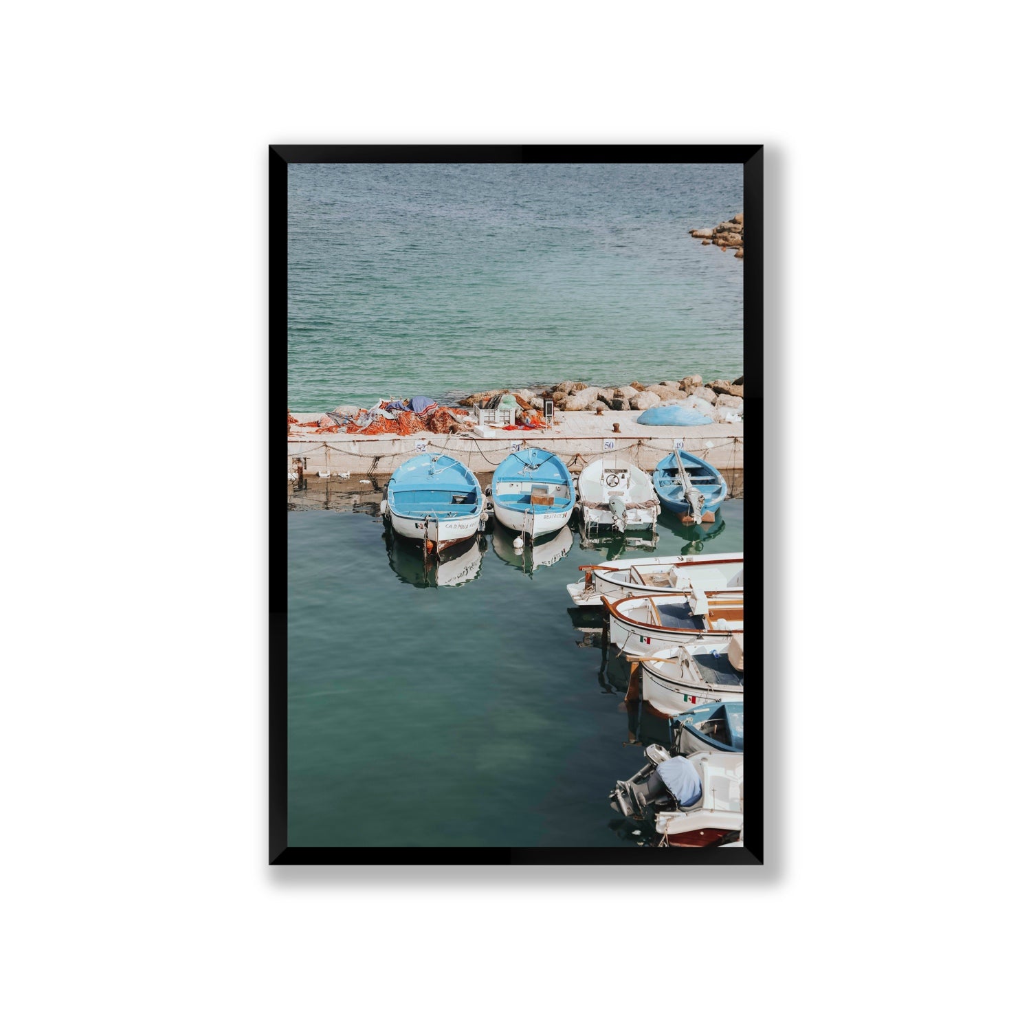 Maritime Memories Puglia Harbour Reflections coastal wall art Giant full-bleed fine art print in black frame
