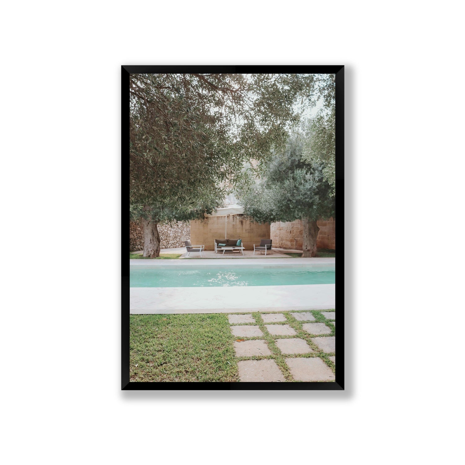 Idyllic Escape Puglia Mediterranean wall art Giant full-bleed fine art print in black frame