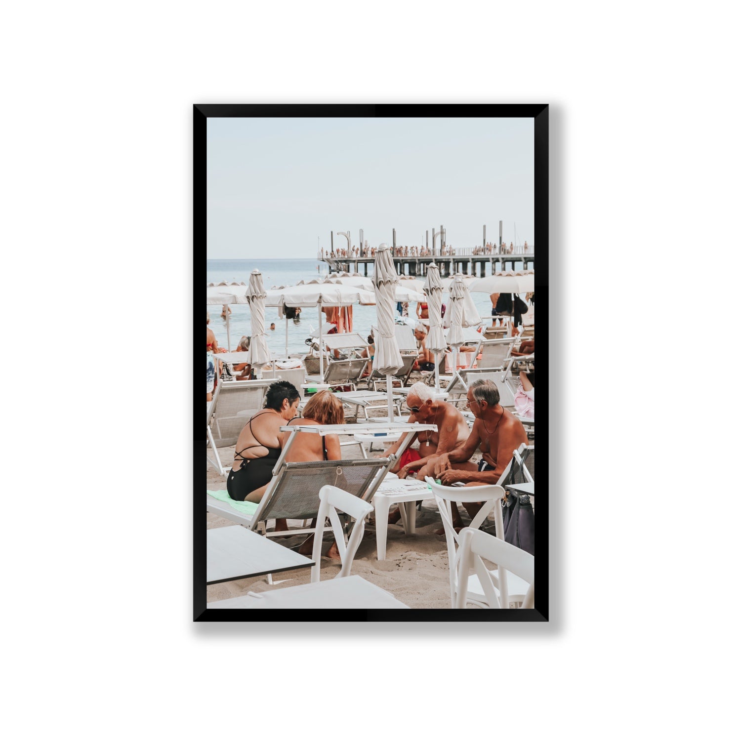 Salted Shuffle fine art print, Alassio, Italy, people and locals artwork, Giant, Black Frame · Full Bleed, Fine Art Print