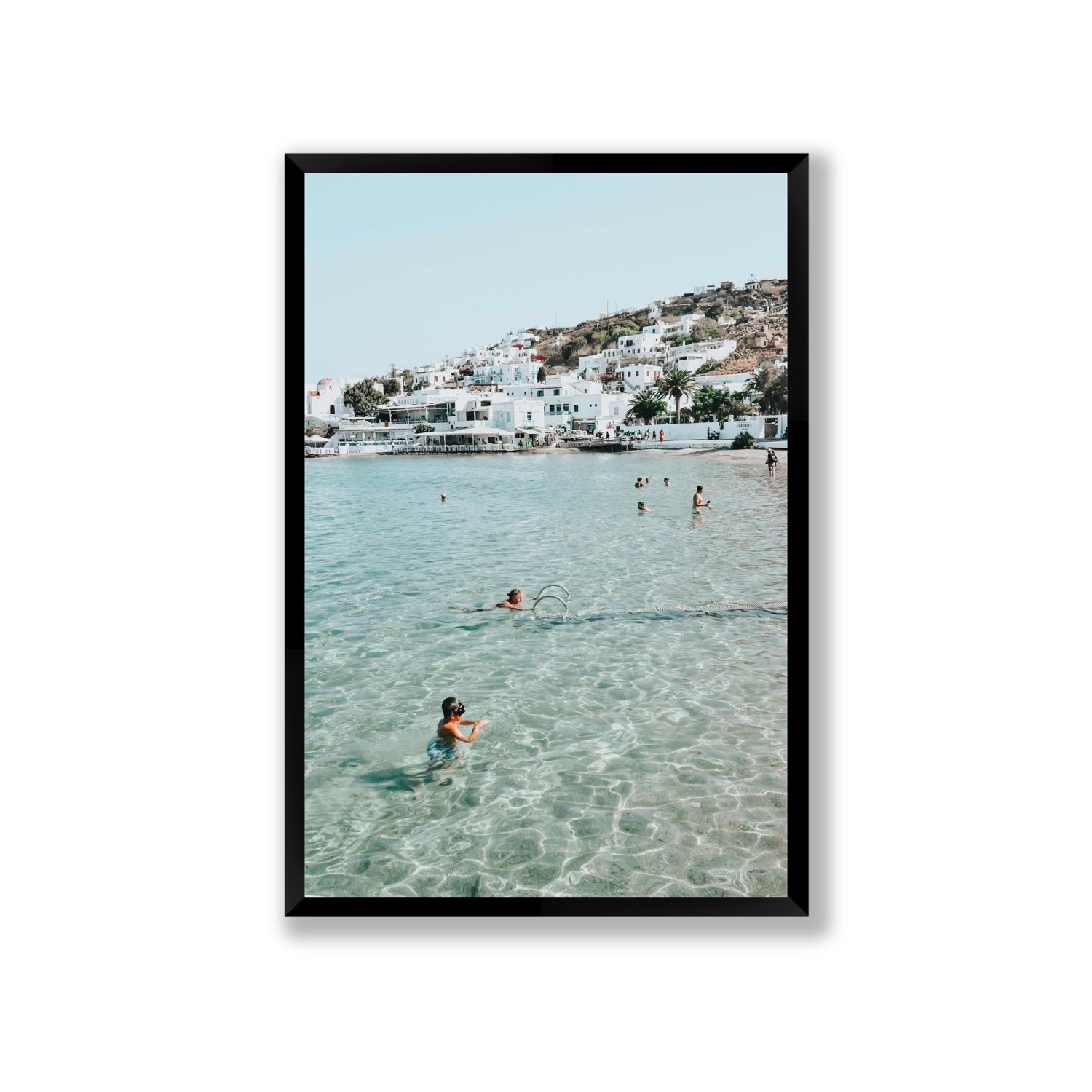Beside The Seaside Mykonos beach Greek island wall art Giant full-bleed fine art print in black frame