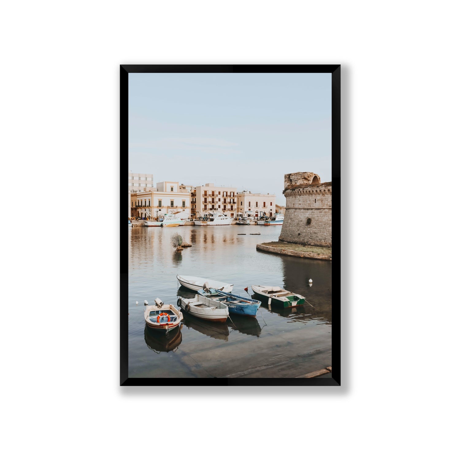 Gallipoli Harbour Puglia coastal wall art Giant full-bleed fine art print in black frame