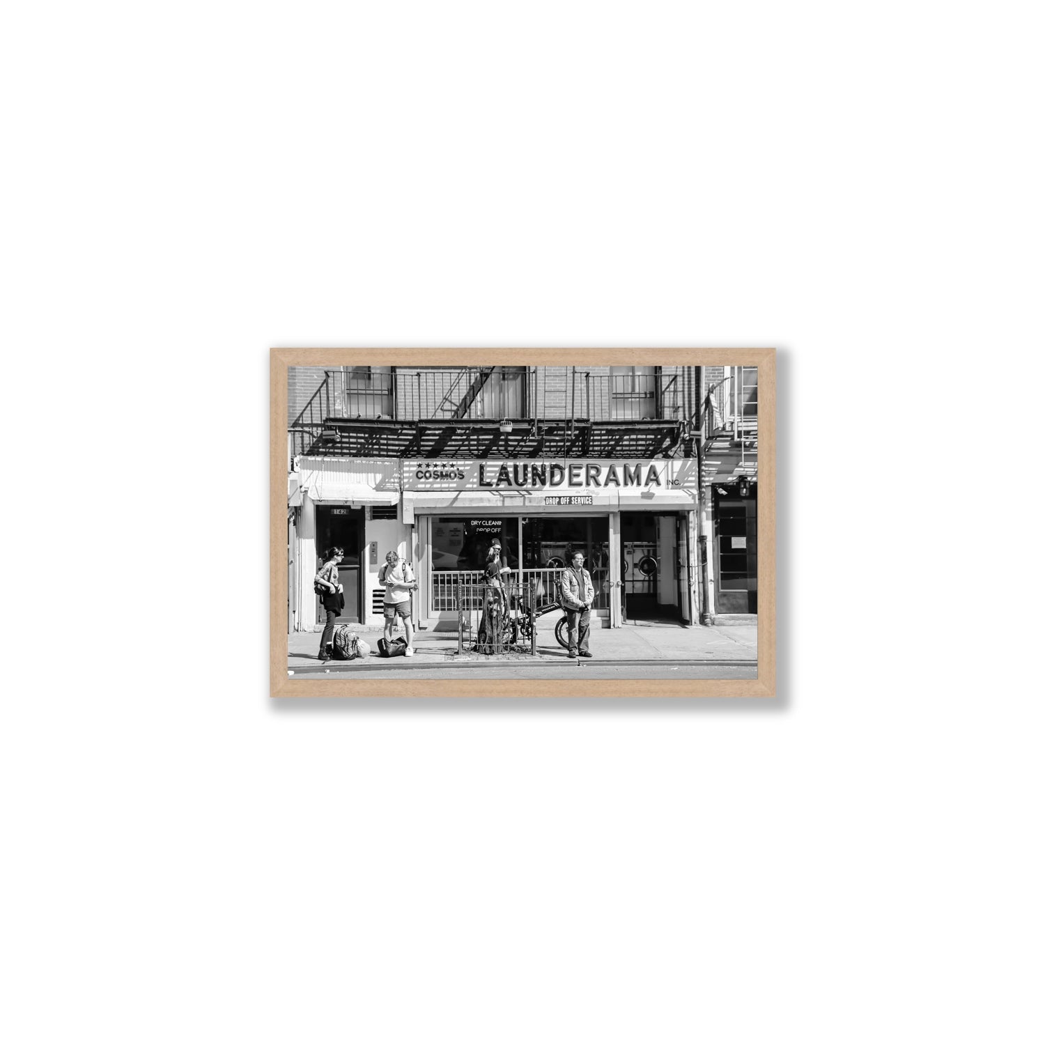 Launderama New York NYC Black & White wall art Medium full-bleed fine art print in natural oak frame