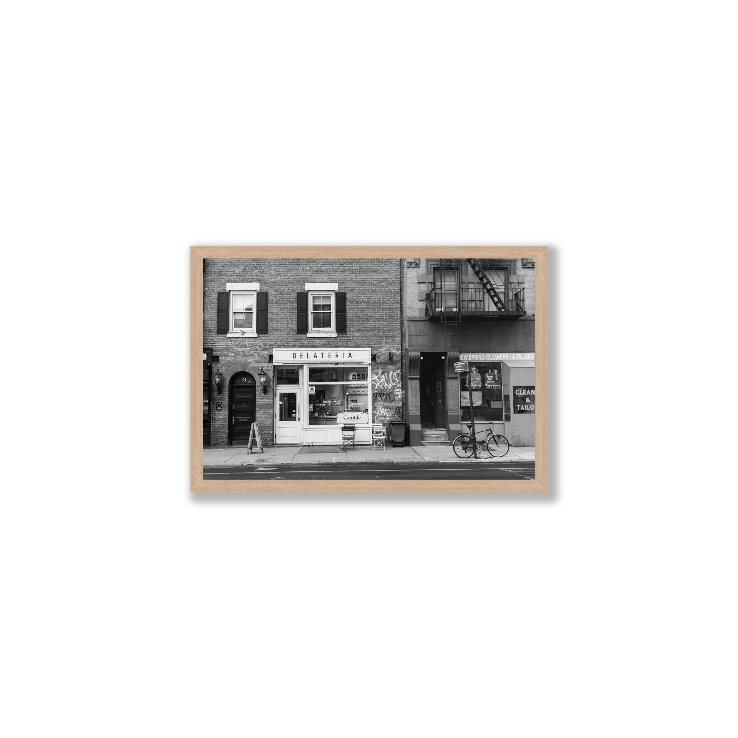 West Village Dolcezza New York NYC Black & White wall art Medium full-bleed fine art print in natural oak frame