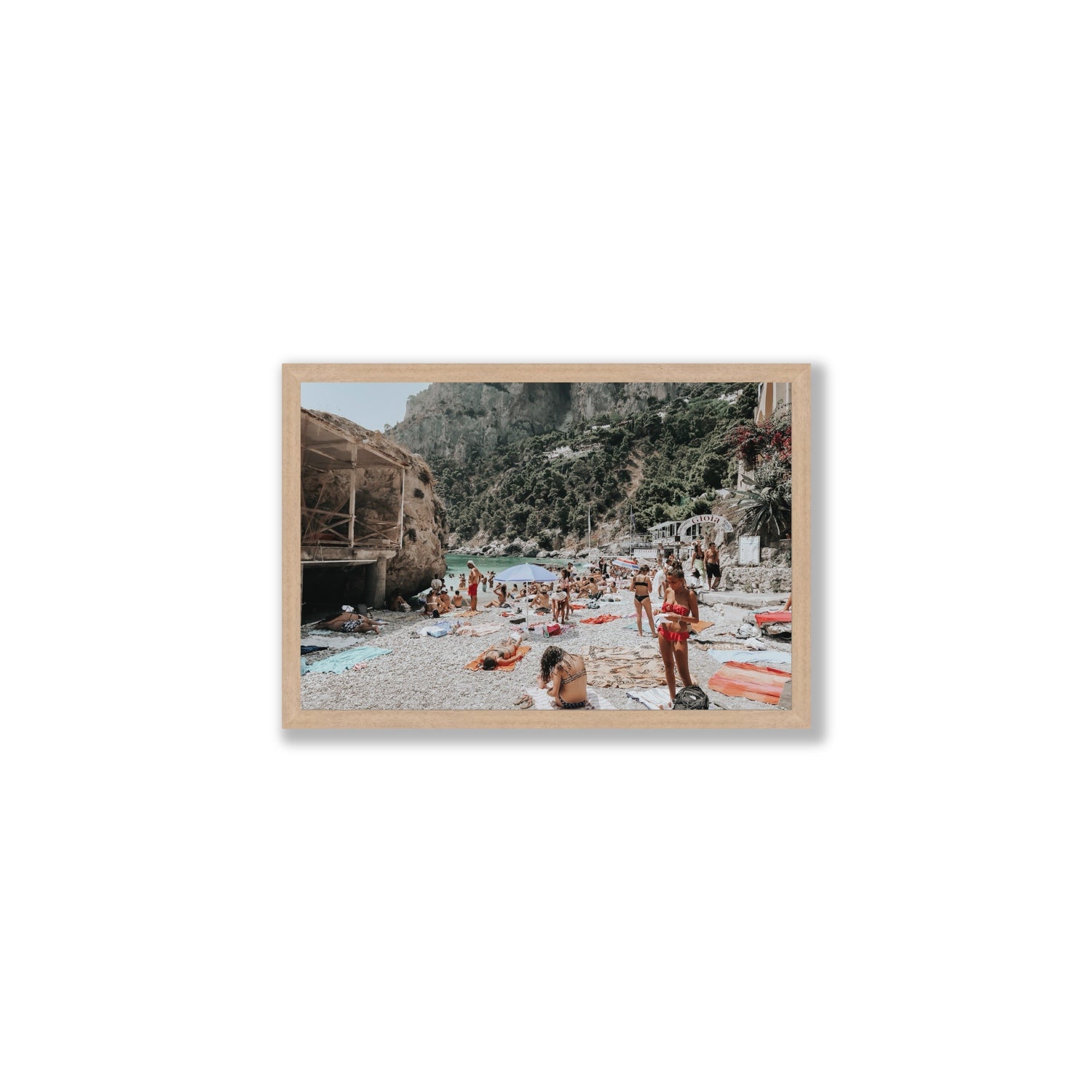 Spiaggia Da Gioia Capri beach coastal wall art Medium full-bleed fine art print in natural oak frame