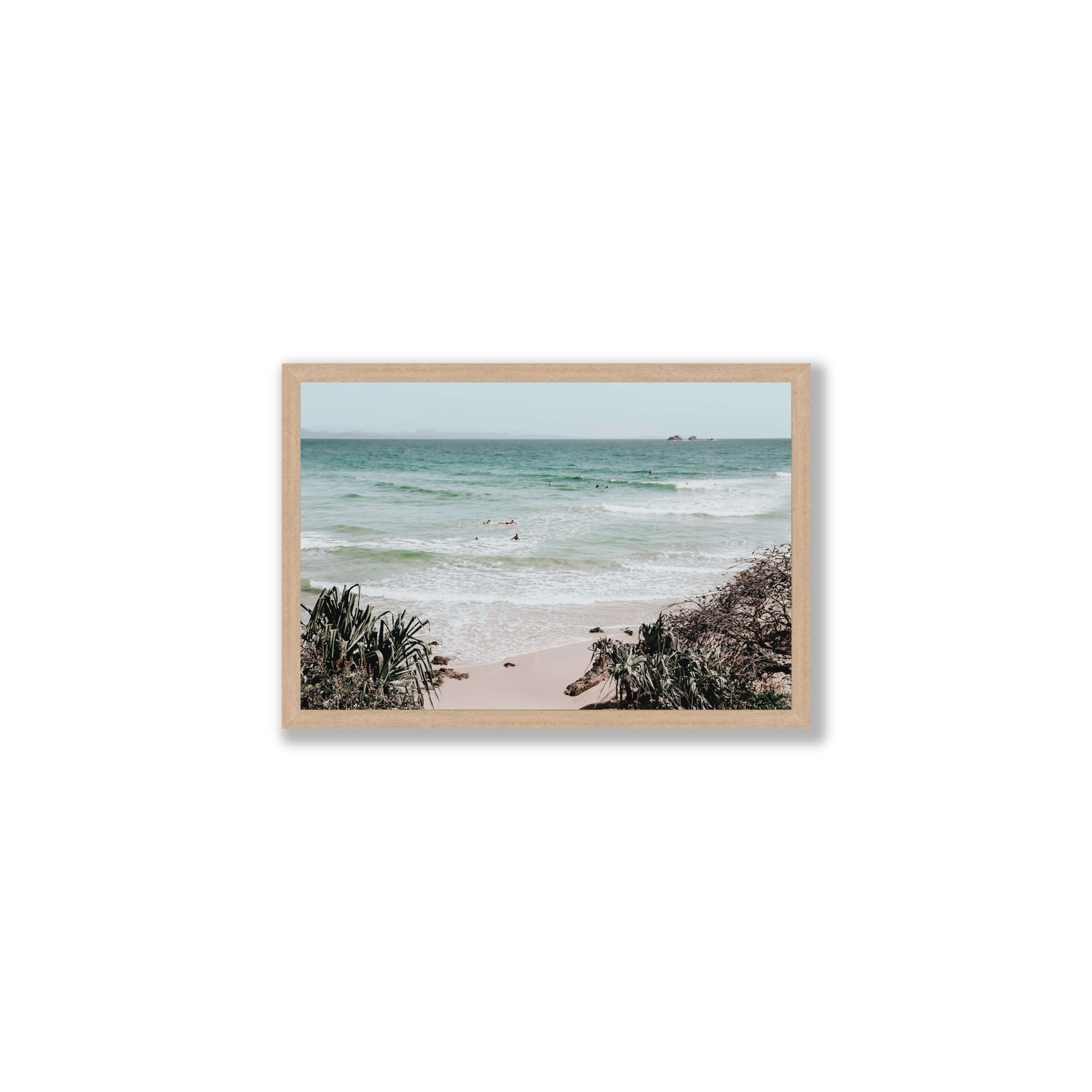 Surf City Byron Bay Surf coastal wall art Medium full-bleed fine art print in natural oak frame