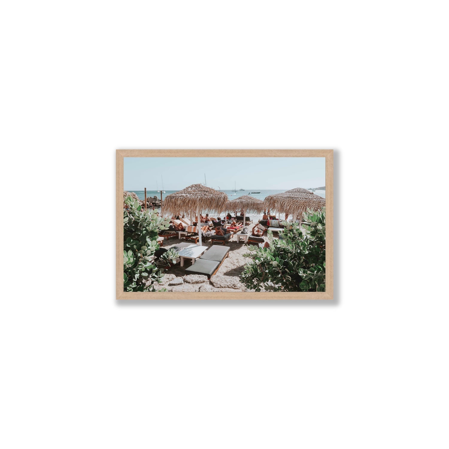 Greek Haven Mykonos Greek island coastal wall art Medium full-bleed fine art print in natural oak frame