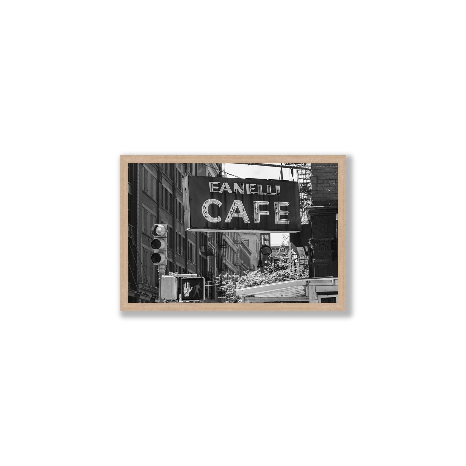 Soho Neon New York NYC Black & White wall art Medium full-bleed fine art print in natural oak frame