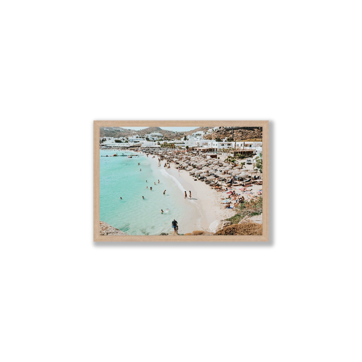Aquaholic Mykonos Greek island wall art Medium full-bleed fine art print in natural oak frame