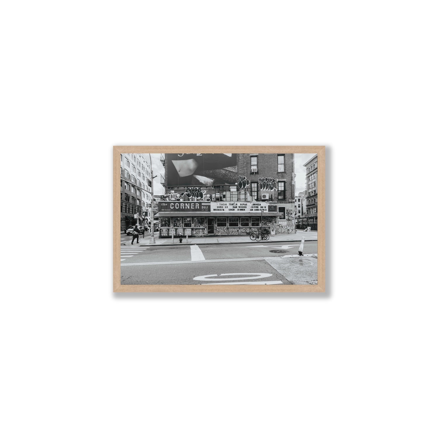 Kenmare Street New York NYC Black & White wall art Medium full-bleed fine art print in natural oak frame