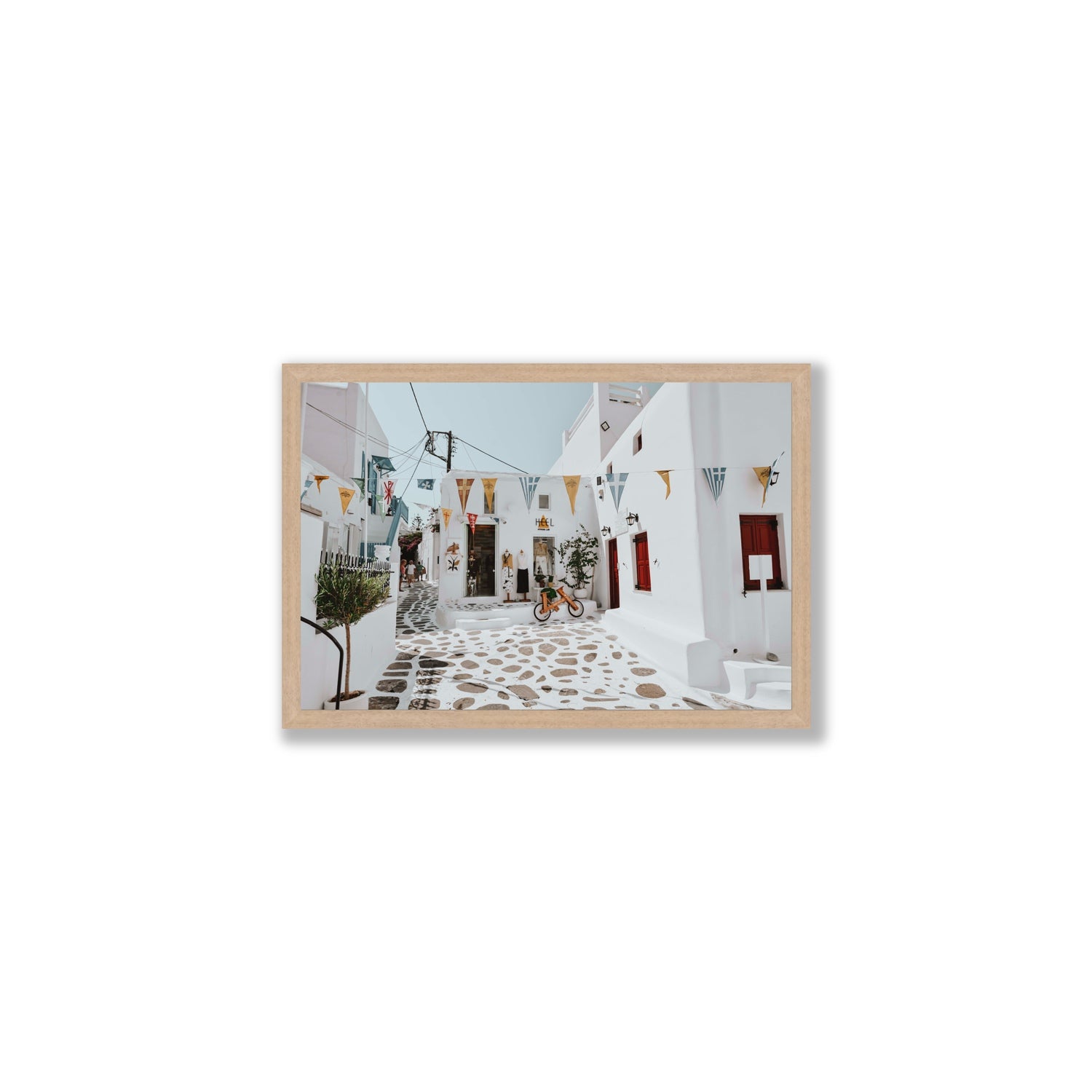 Cruising The Streets Mykonos Greek island wall art Medium full-bleed fine art print in natural oak frame