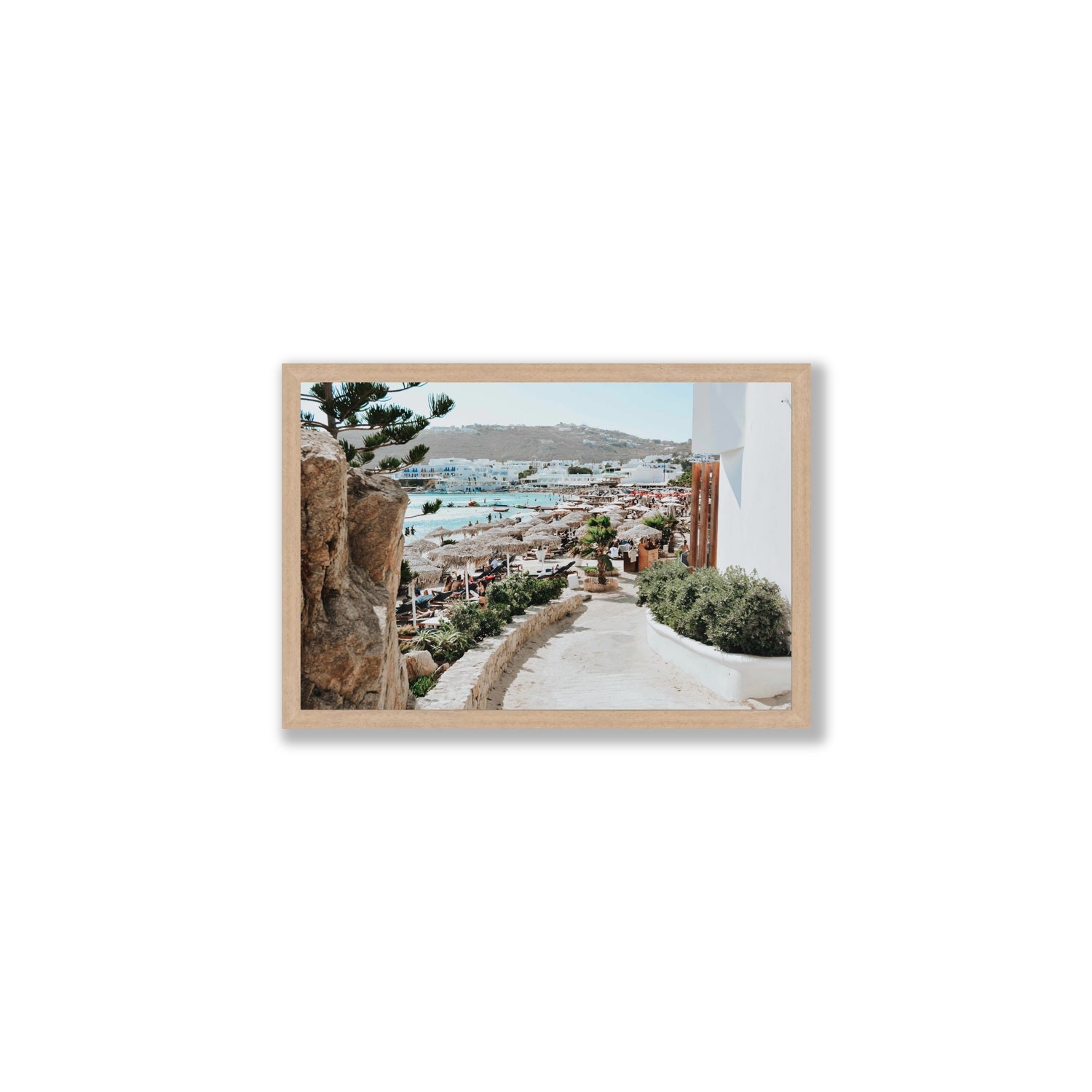 Kalimera Mykonos Greek island wall art Medium full-bleed fine art print in natural oak frame