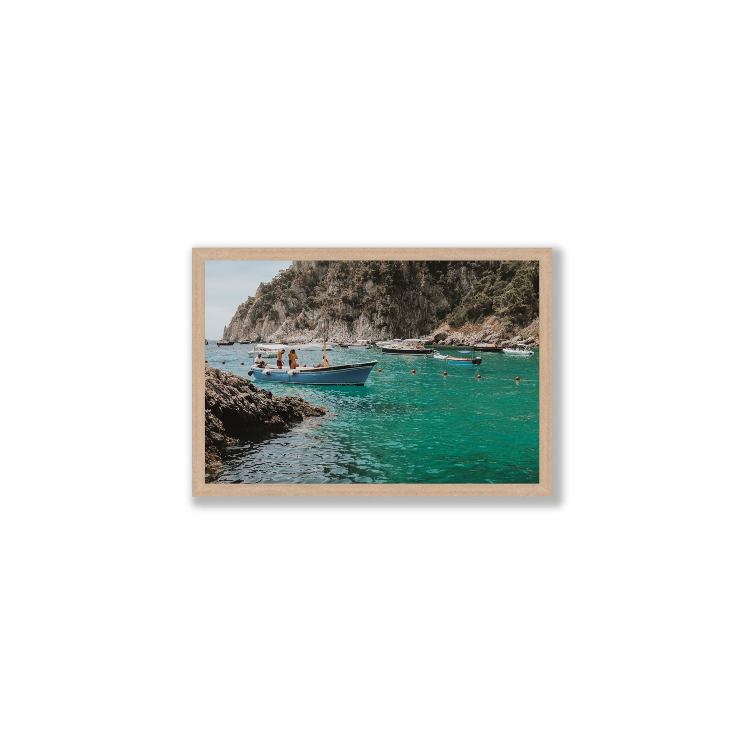 Cozy Cove Capri coastal Mediterranean wall art Medium full-bleed fine art print in natural oak frame