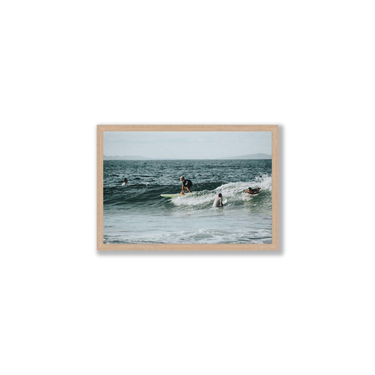 The Boys of Summer Byron Bay Surf coastal wall art Medium full-bleed fine art print in natural oak frame