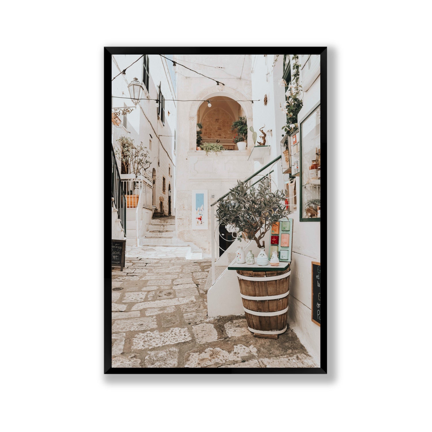 Olive Tree Lane Puglia Ostuni Mediterranean decor wall art Gallery full-bleed fine art print in black frame