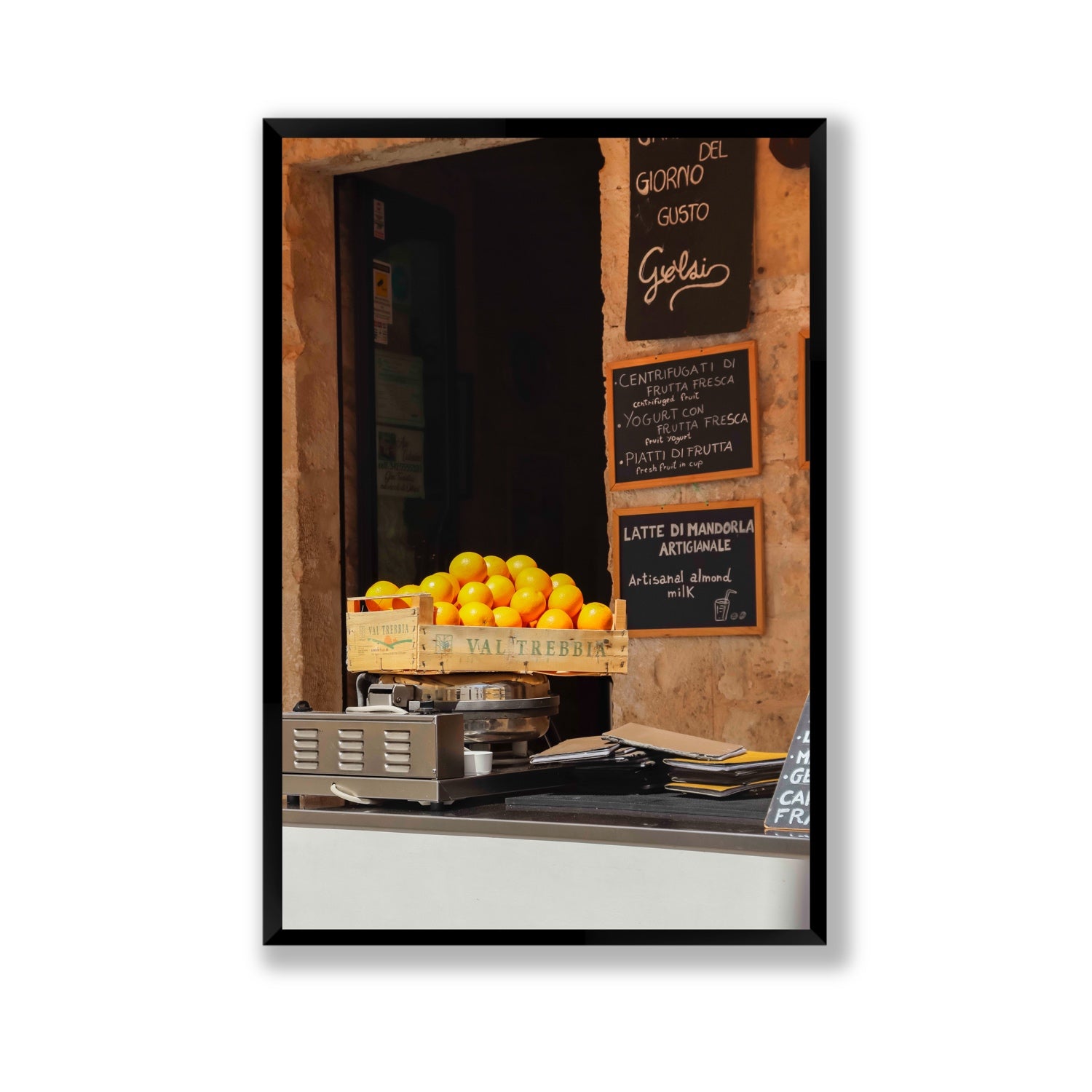 Luminous Citrus Puglia Ostuni Italian wall art Gallery full-bleed fine art print in black frame