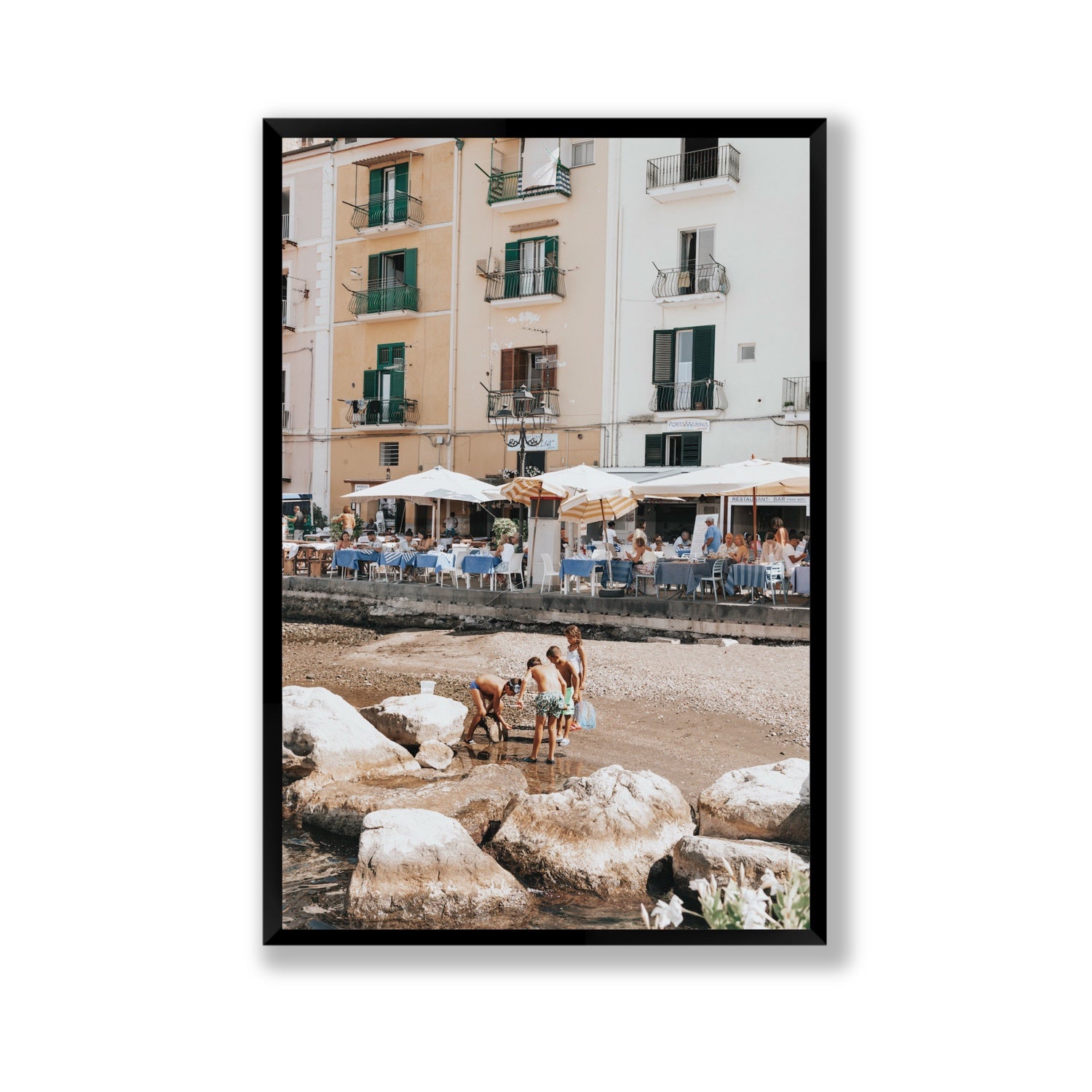 Sunny Playtime Sorrento coastal wall art Gallery full-bleed fine art print in black frame
