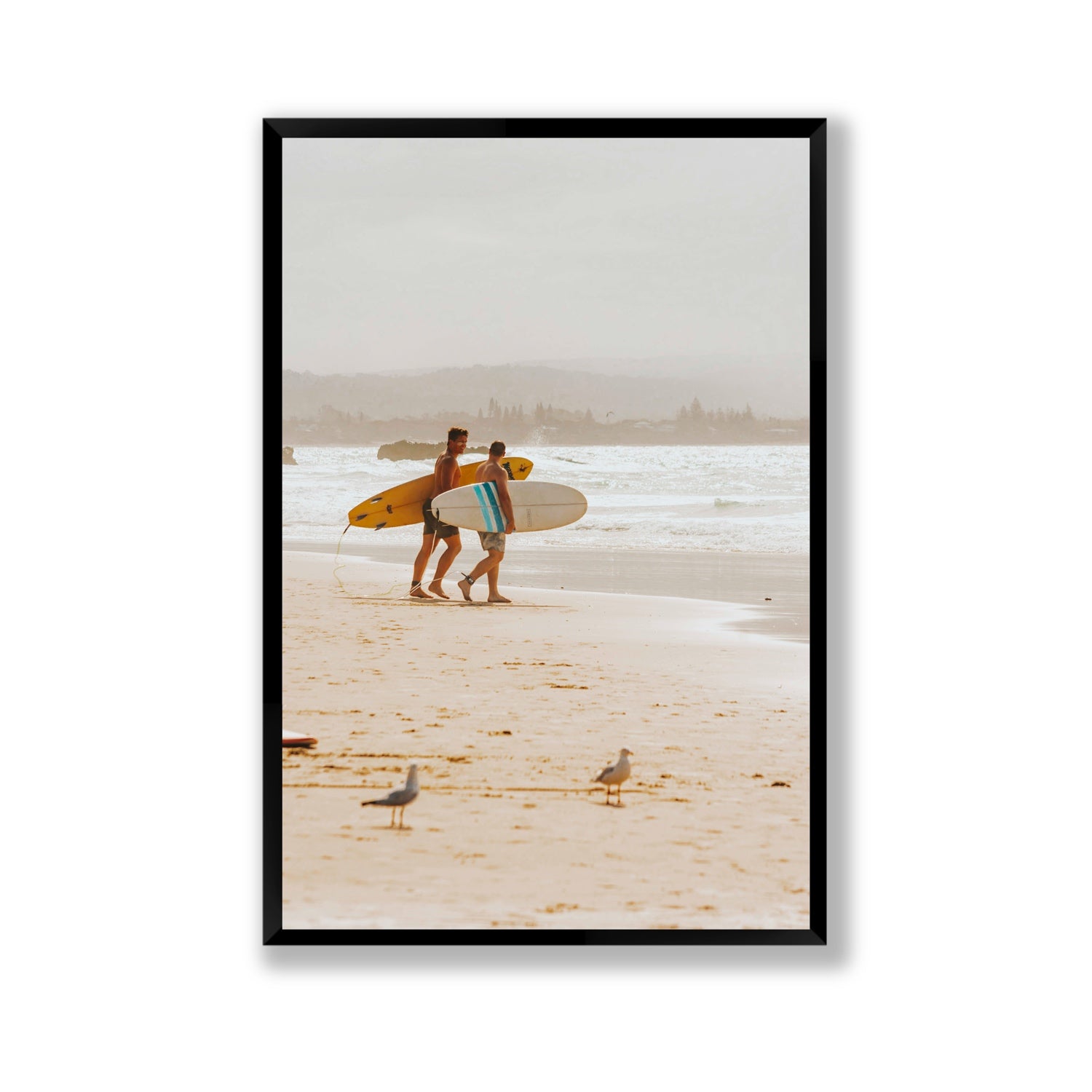 Shane & Benji Byron Bay Surf coastal wall art Gallery full-bleed fine art print in black frame