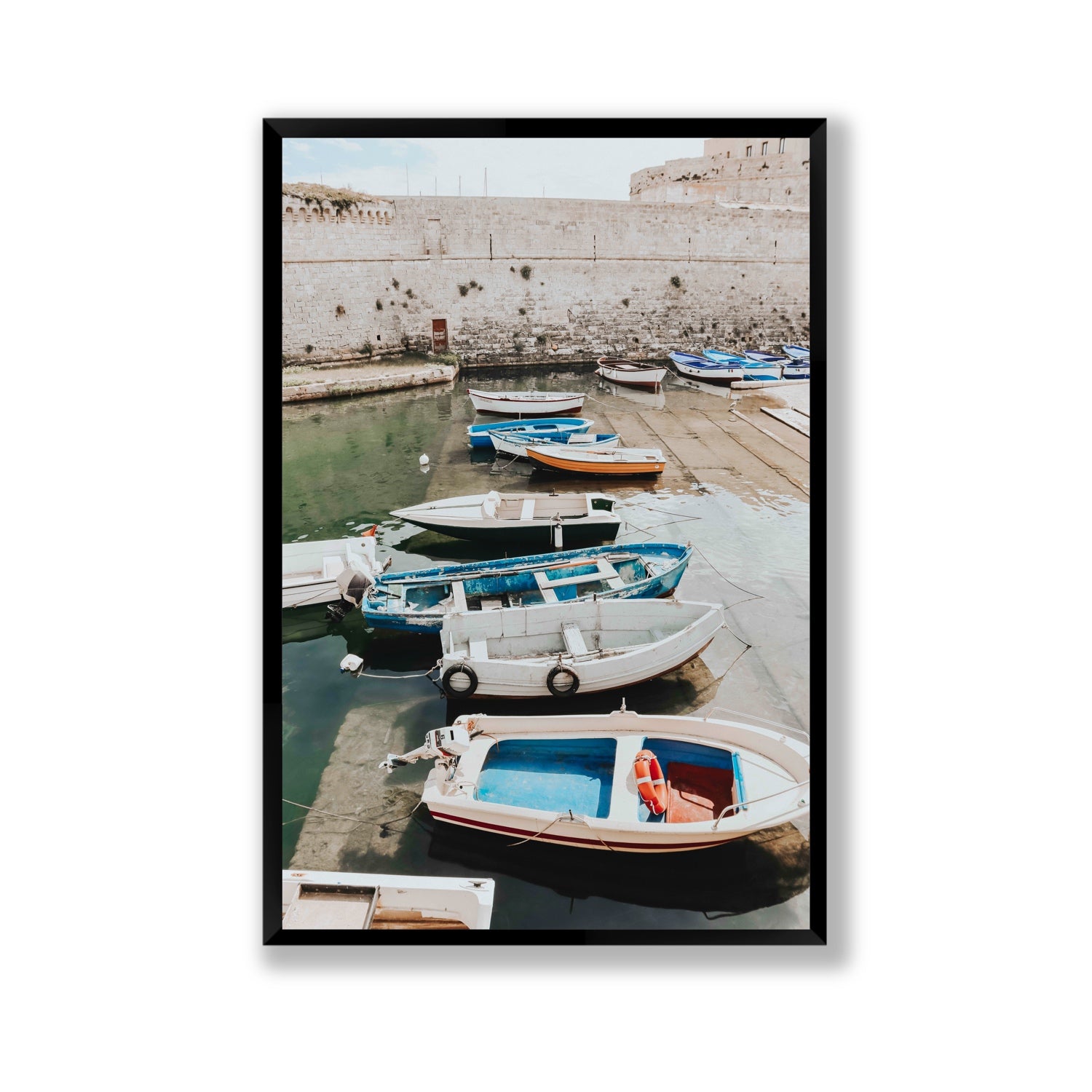 Harbour Palette Puglia coastal photography wall art Gallery full-bleed fine art print in black frame