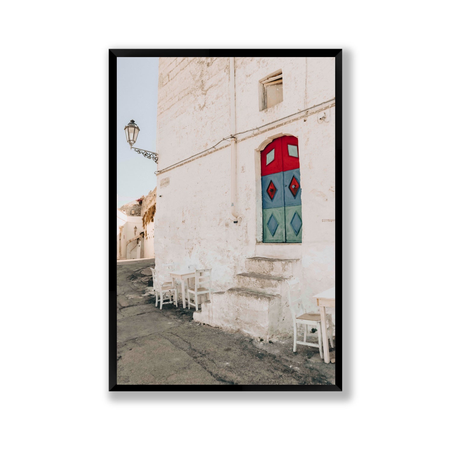 Doorway Delight Puglia Ostuni wall art Gallery full-bleed fine art print in black frame