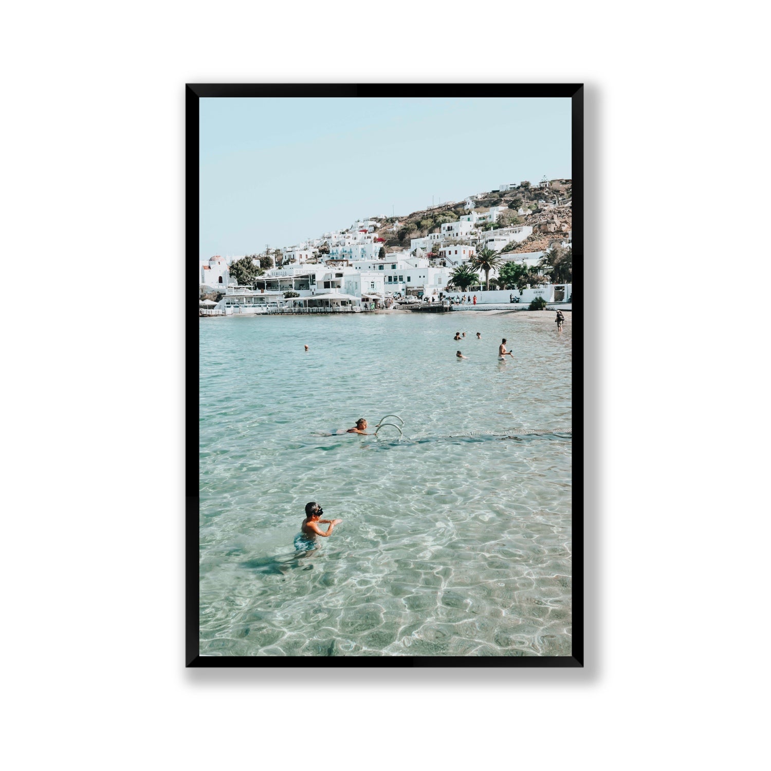 Beside The Seaside Mykonos beach Greek island wall art Gallery full-bleed fine art print in black frame