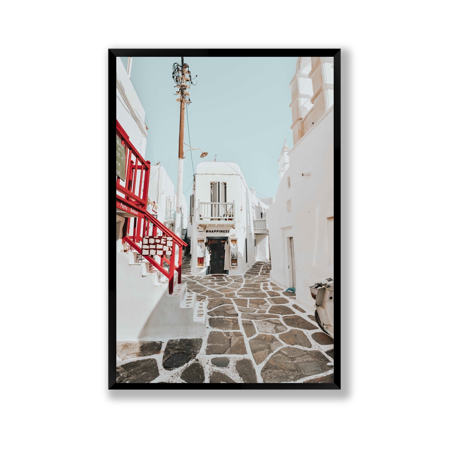 Happiness Mykonos Greek island wall art Gallery full-bleed fine art print in black frame