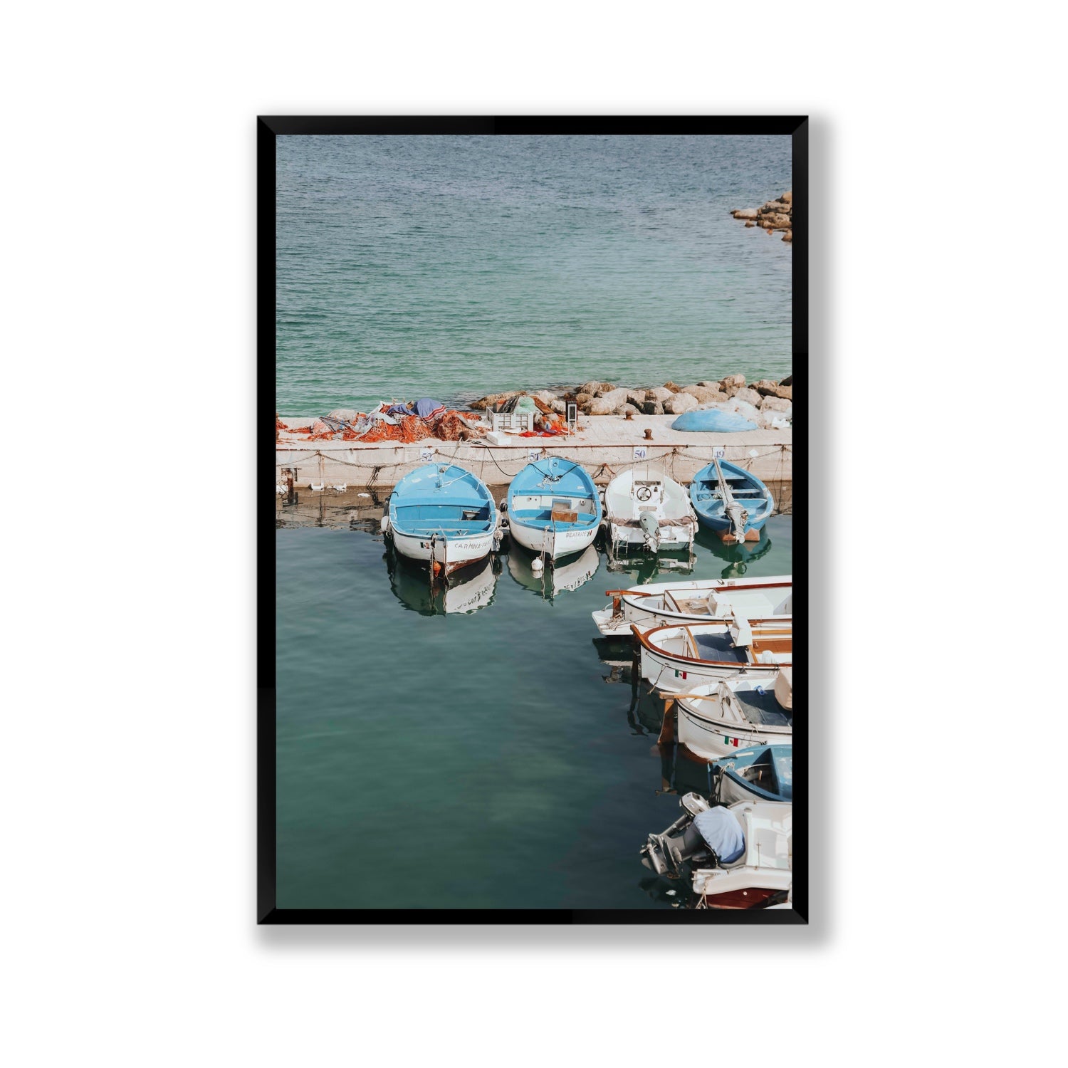 Maritime Memories Puglia Harbour Reflections coastal wall art Gallery full-bleed fine art print in black frame