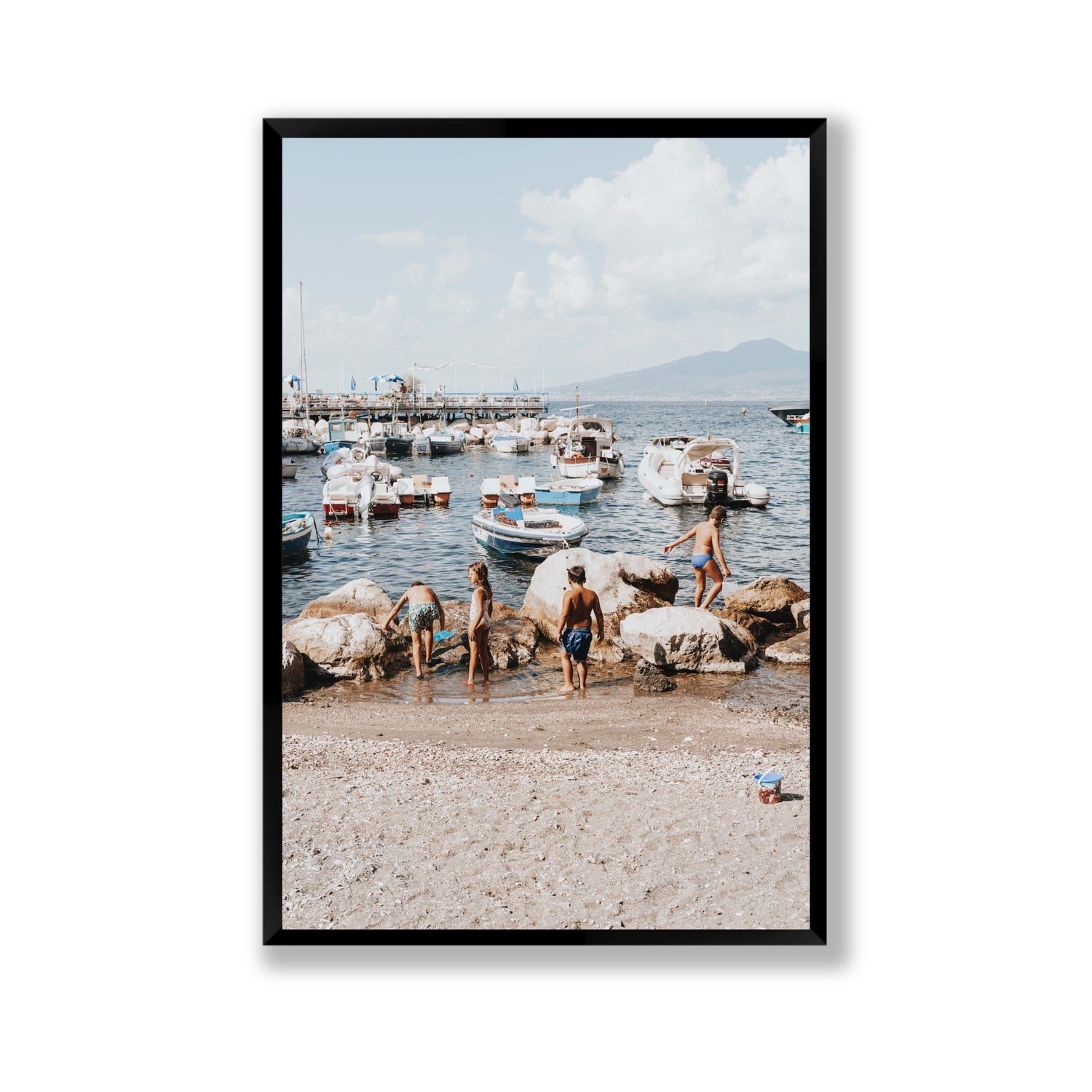 Searching For Treasures Sorrento coastal wall art Gallery full-bleed fine art print in black frame