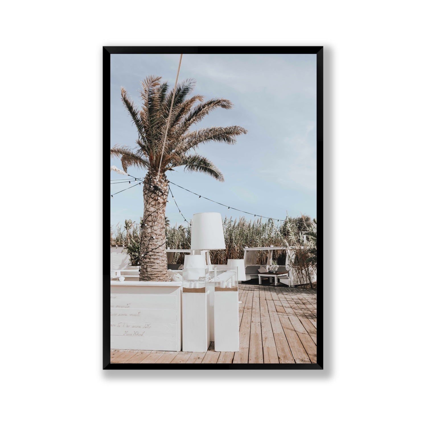 Seabreeze Palm Puglia coastal beach wall art Gallery full-bleed fine art print in black frame