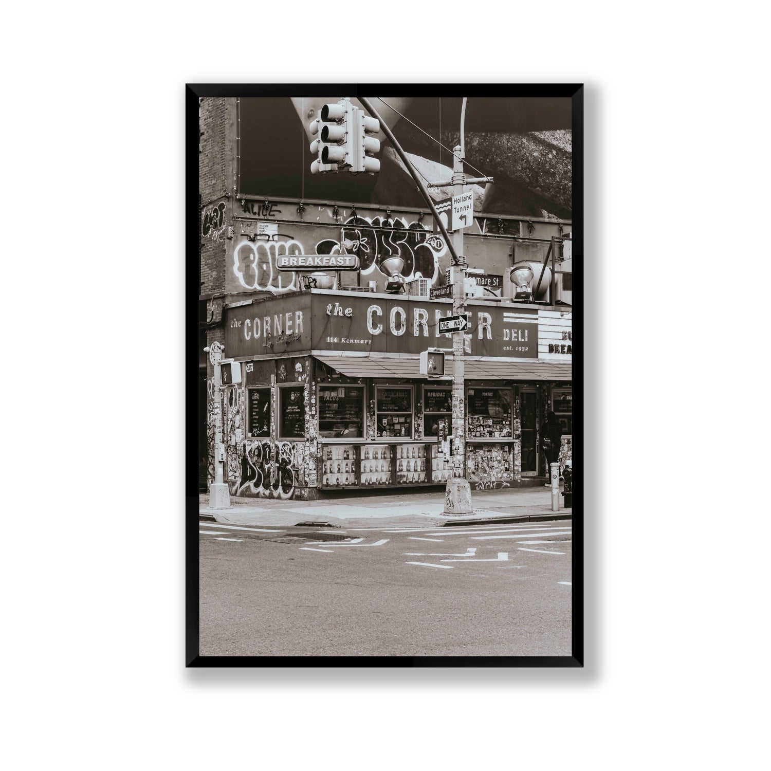 Soho Deli New York NYC Black & White wall art Gallery full-bleed fine art print in black frame