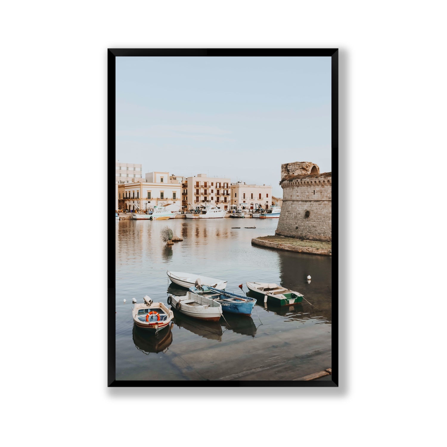 Gallipoli Harbour Puglia coastal wall art Gallery full-bleed fine art print in black frame