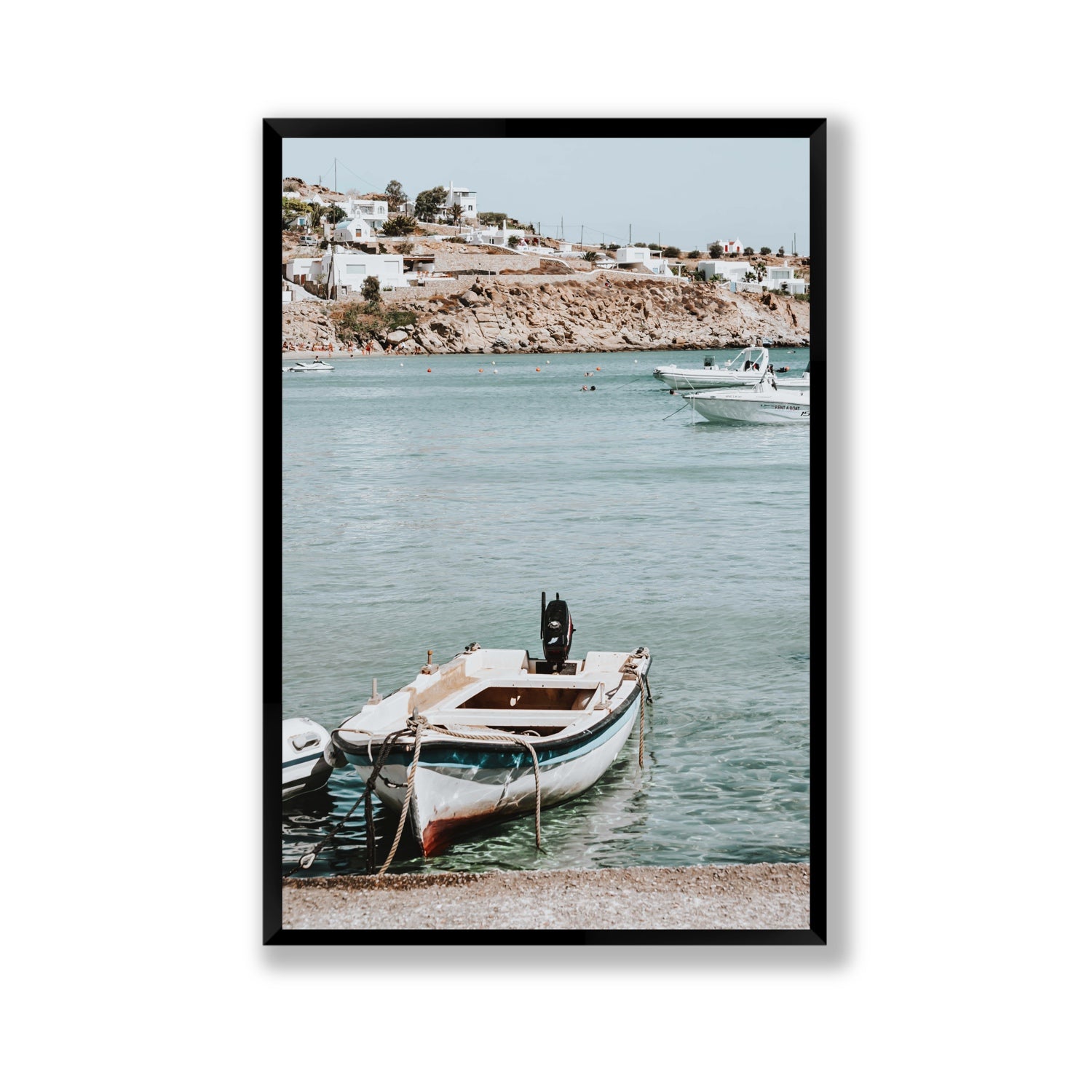 Classic Wheels Mykonos Greek island wall art Gallery full-bleed fine art print in black frame