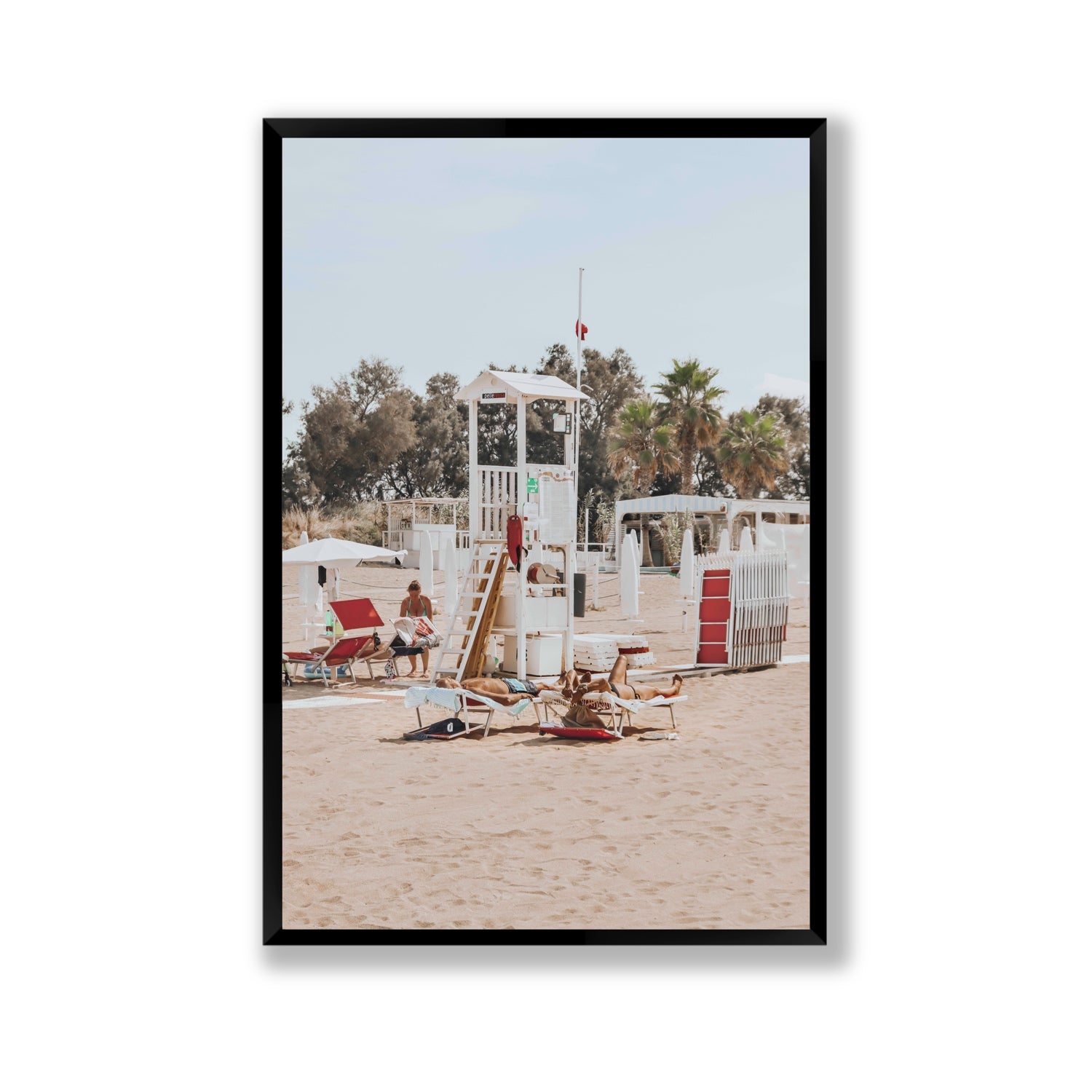 Red Lounge Reverie Puglia beach coastal wall art Gallery full-bleed fine art print in black frame