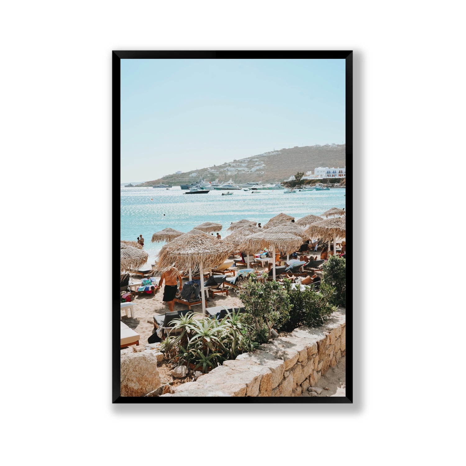 Beachside Huts Mykonos Greek island wall art Gallery full-bleed fine art print in black frame
