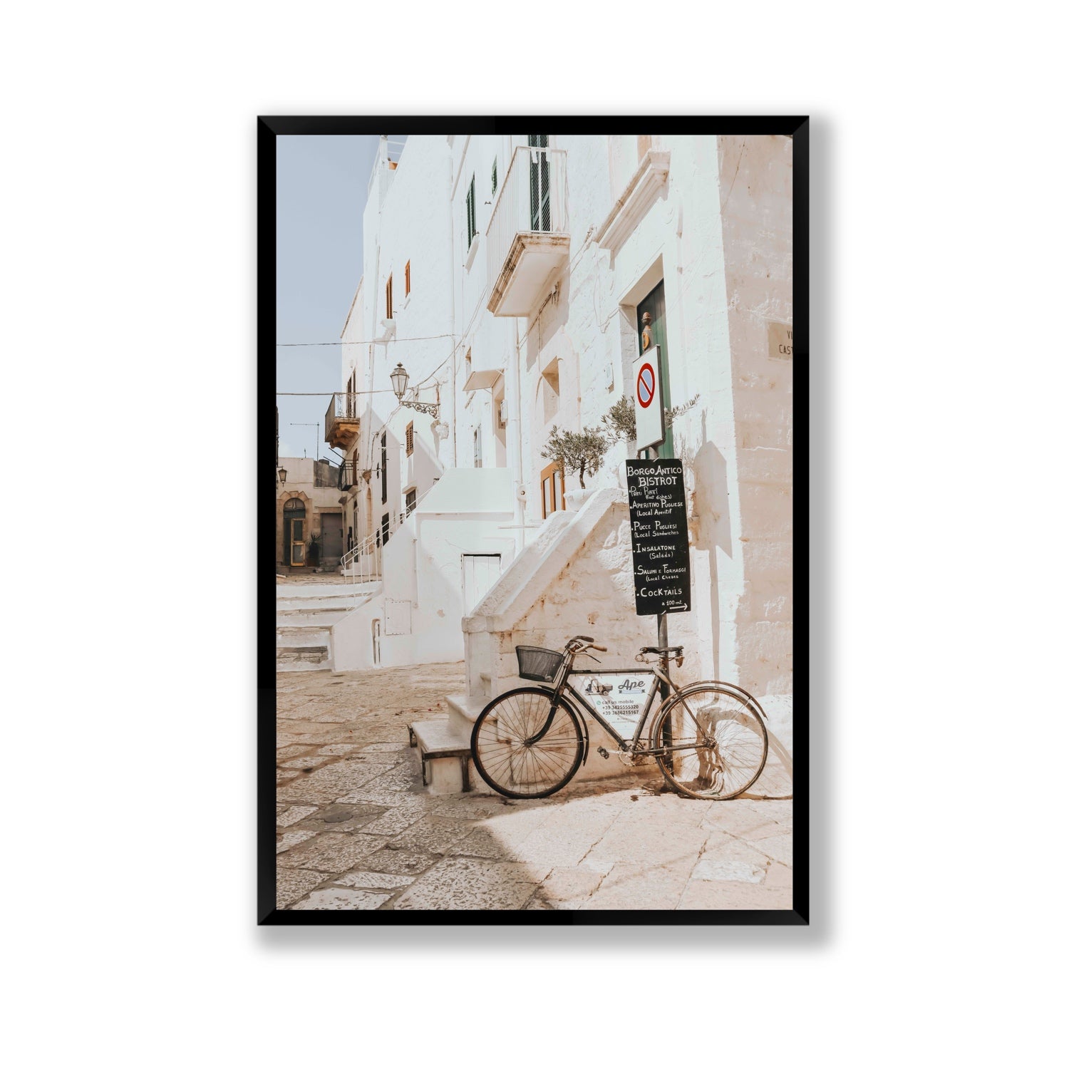 La Bicicletta Puglia Ostuni wall art Gallery full-bleed fine art print in black frame