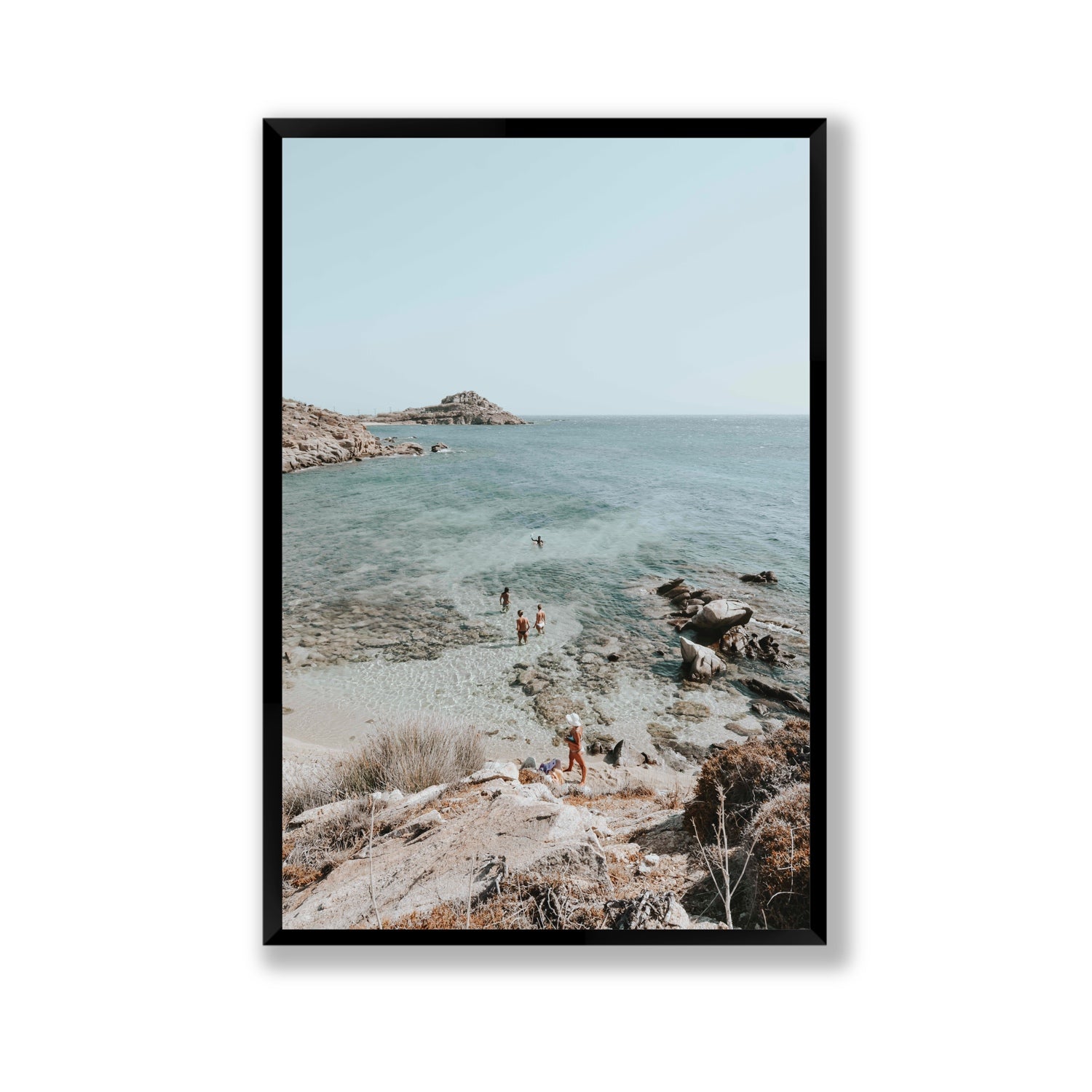 Explorers Mykonos Greek island wall art Gallery full-bleed fine art print in black frame