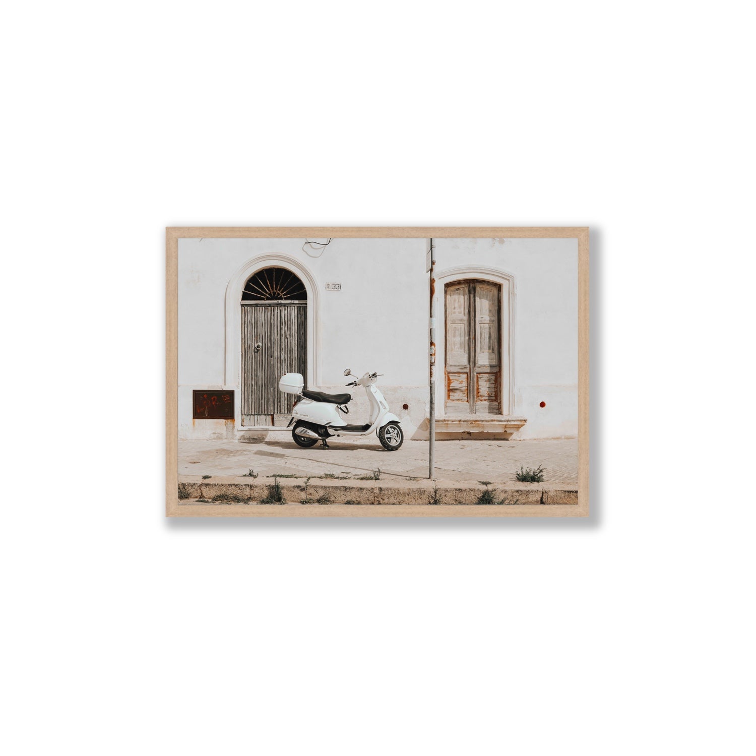 Vespa Nostalgia Puglia Italian wall art Large full-bleed fine art print in natural oak frame