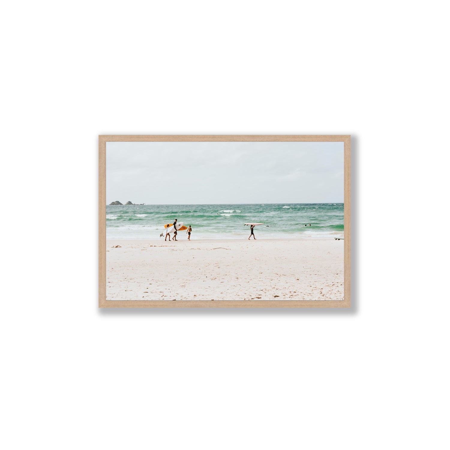 La Famiglia Byron Bay Family Surf coastal wall art Large full-bleed fine art print in natural oak frame
