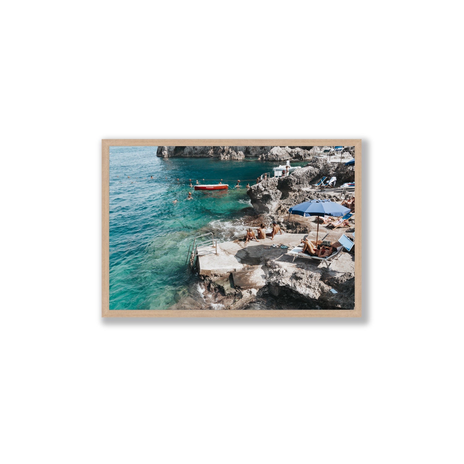 Serenity By The Sea Capri Mediterranean wall art Large full-bleed fine art print in natural oak frame
