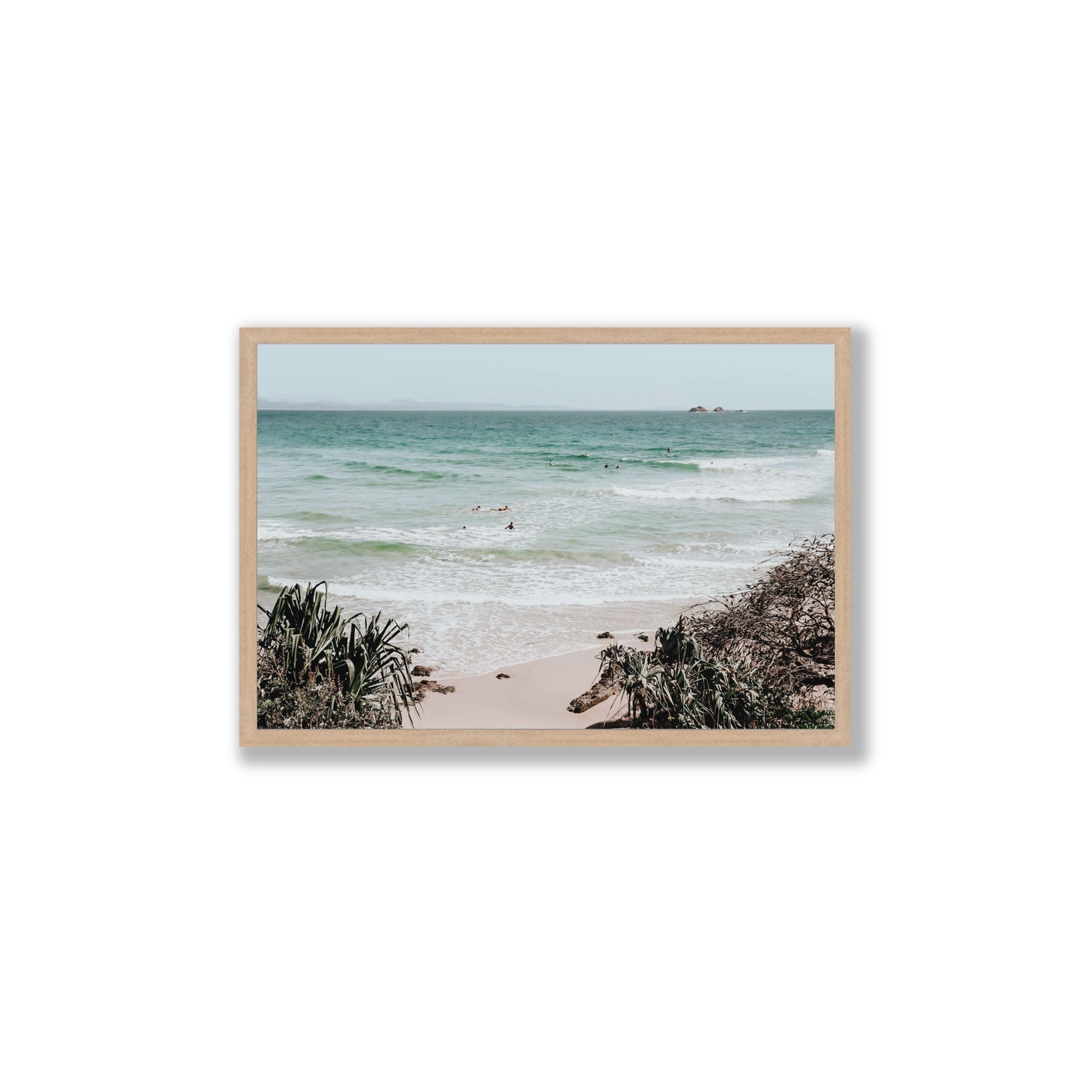 Surf City Byron Bay Surf coastal wall art Large full-bleed fine art print in natural oak frame