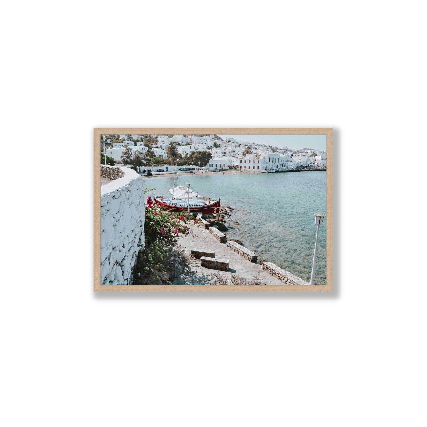 Harika Mykonos Greek island wall art Large full-bleed fine art print in natural oak frame