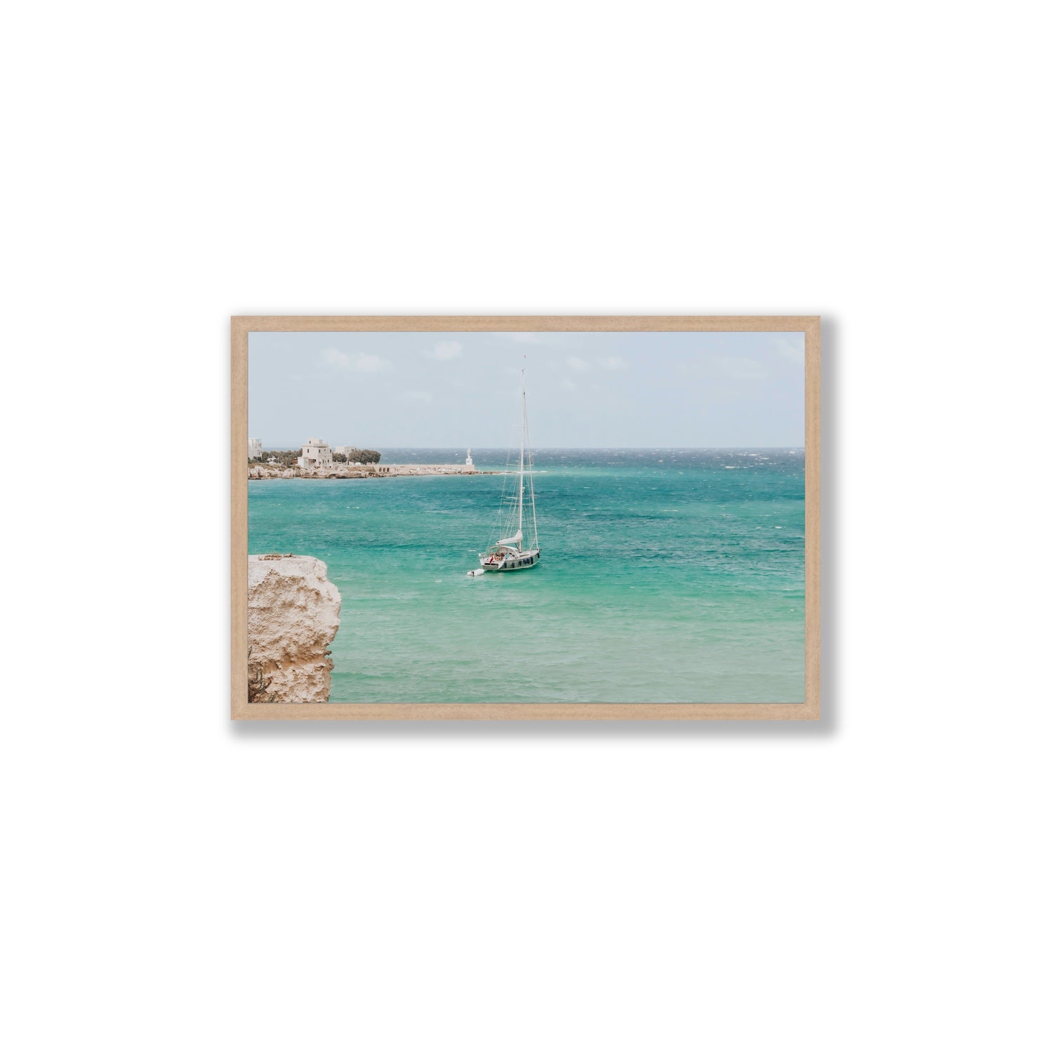 Adriatic Escape Puglia Italian coastal decor wall art Large full-bleed fine art print in natural oak frame