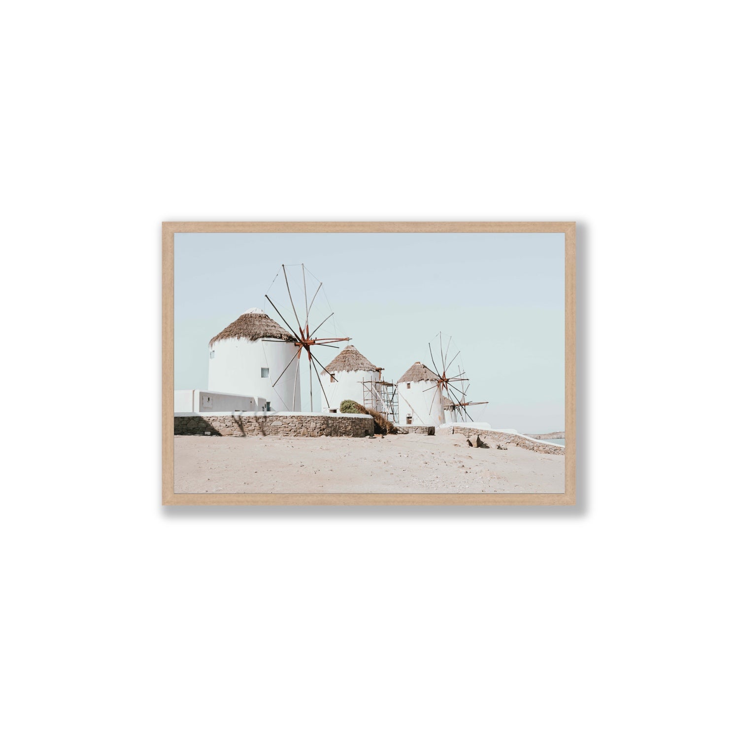 Rustic Icons Mykonos Greek island wall art Large full-bleed fine art print in natural oak frame