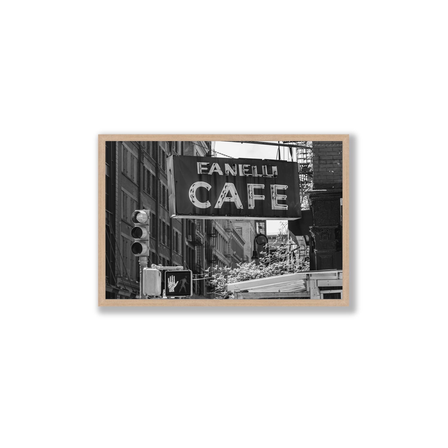 Soho Neon New York NYC Black & White wall art Large full-bleed fine art print in natural oak frame