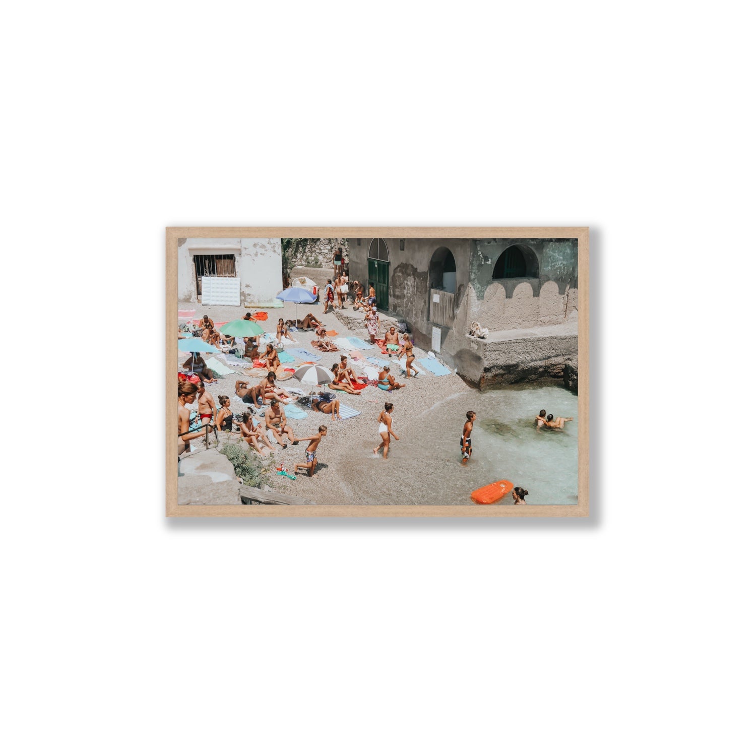 Heatwave Capri beach coastal wall art Large full-bleed fine art print in natural oak frame