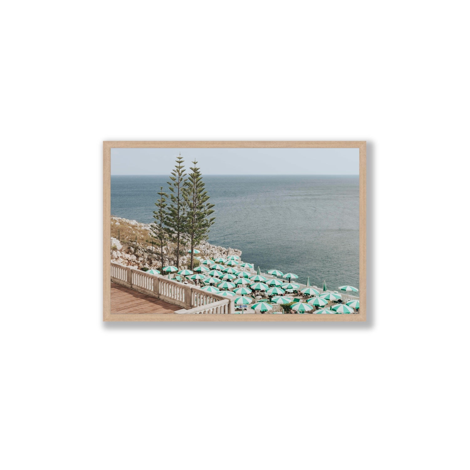 Azure Horizon Puglia beach coastal wall art Large full-bleed fine art print in natural oak frame