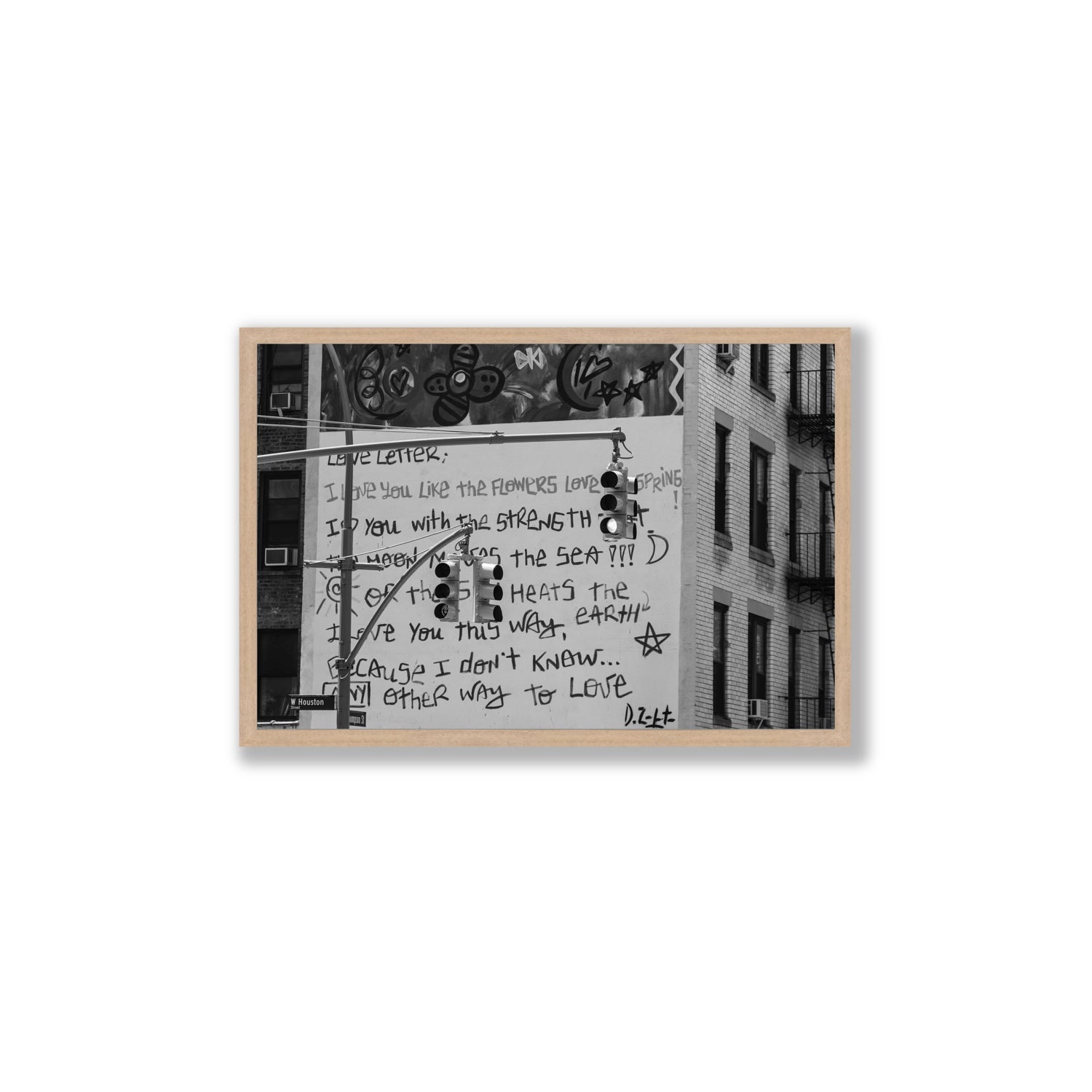 Love Letter New York NYC Black & White wall art Large full-bleed fine art print in natural oak frame
