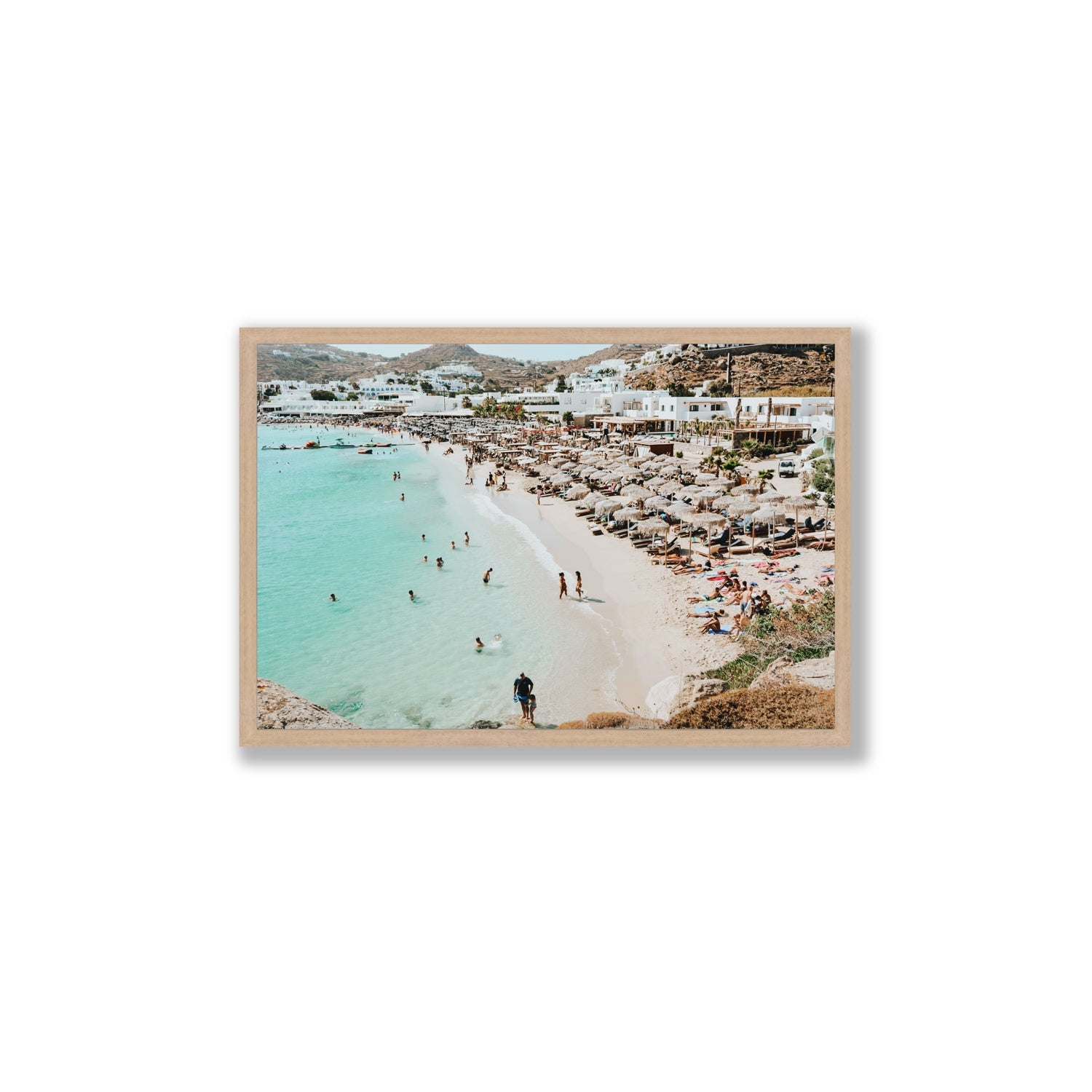 Aquaholic Mykonos Greek island wall art Large full-bleed fine art print in natural oak frame