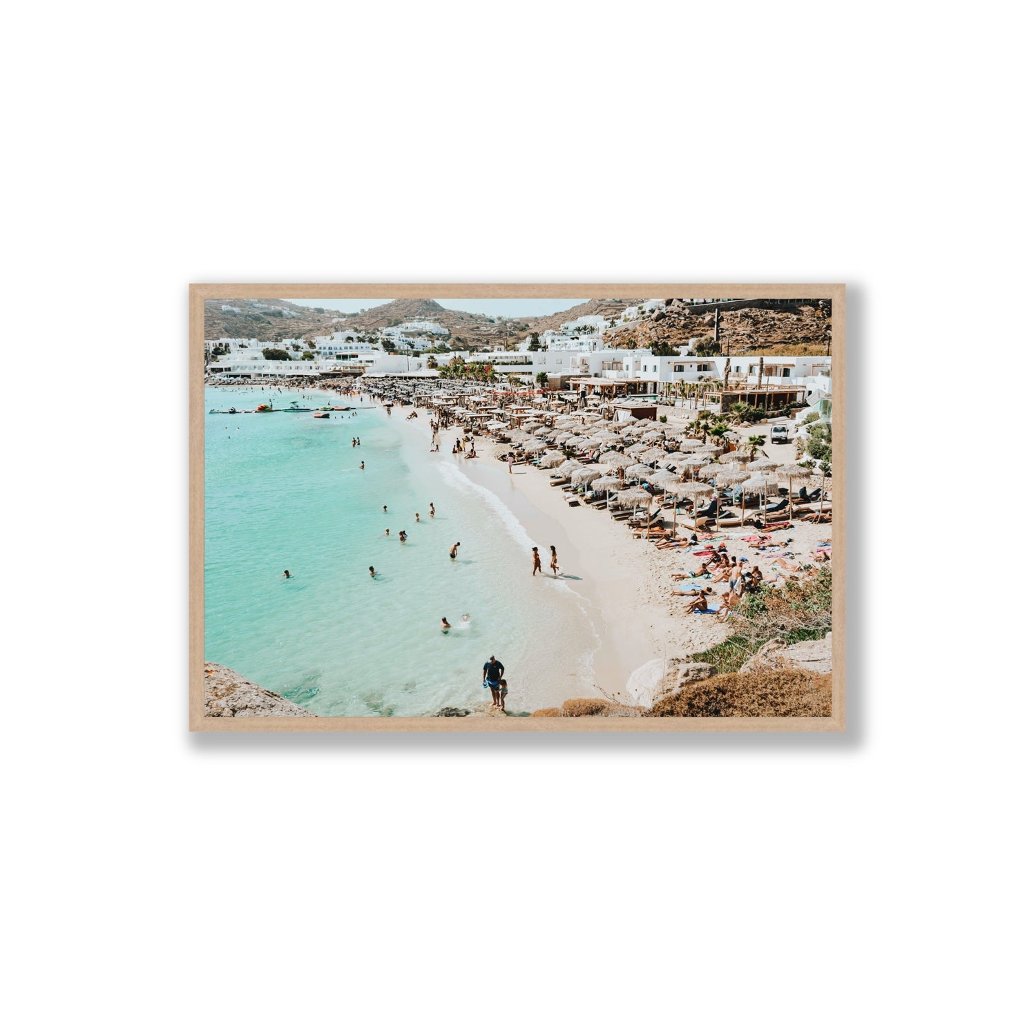 Aquaholic Mykonos Greek island wall art Extra Large full-bleed fine art print in natural oak frame