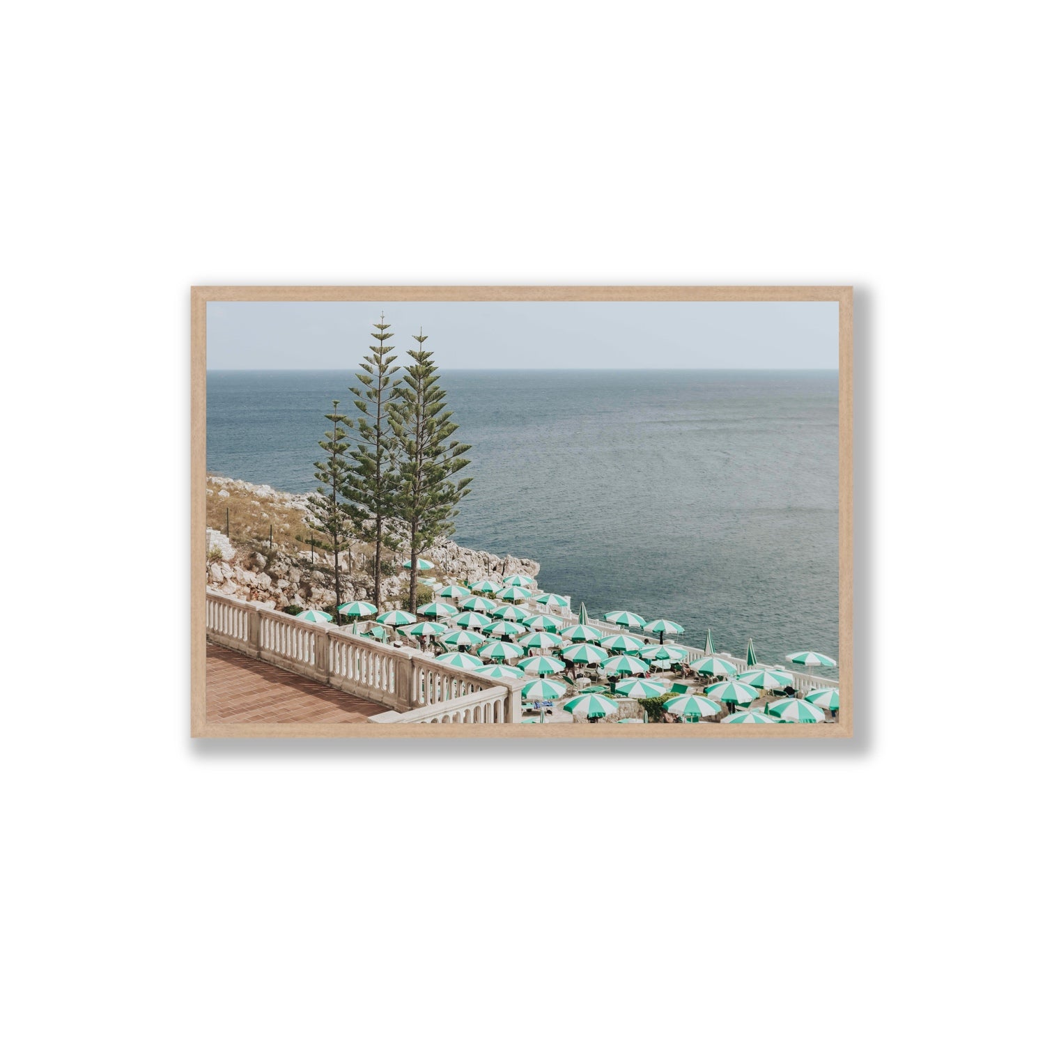 Azure Horizon Puglia beach coastal wall art Extra Large full-bleed fine art print in natural oak frame